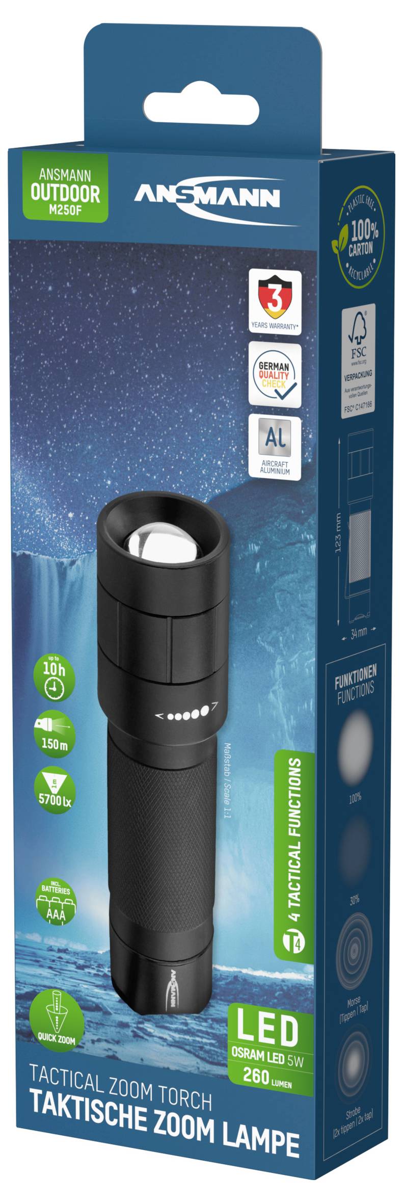 Ansmann M250F LED Taschenlampe mit Gürtelclip, mit Handschlaufe batteriebetrieben 260lm 157g