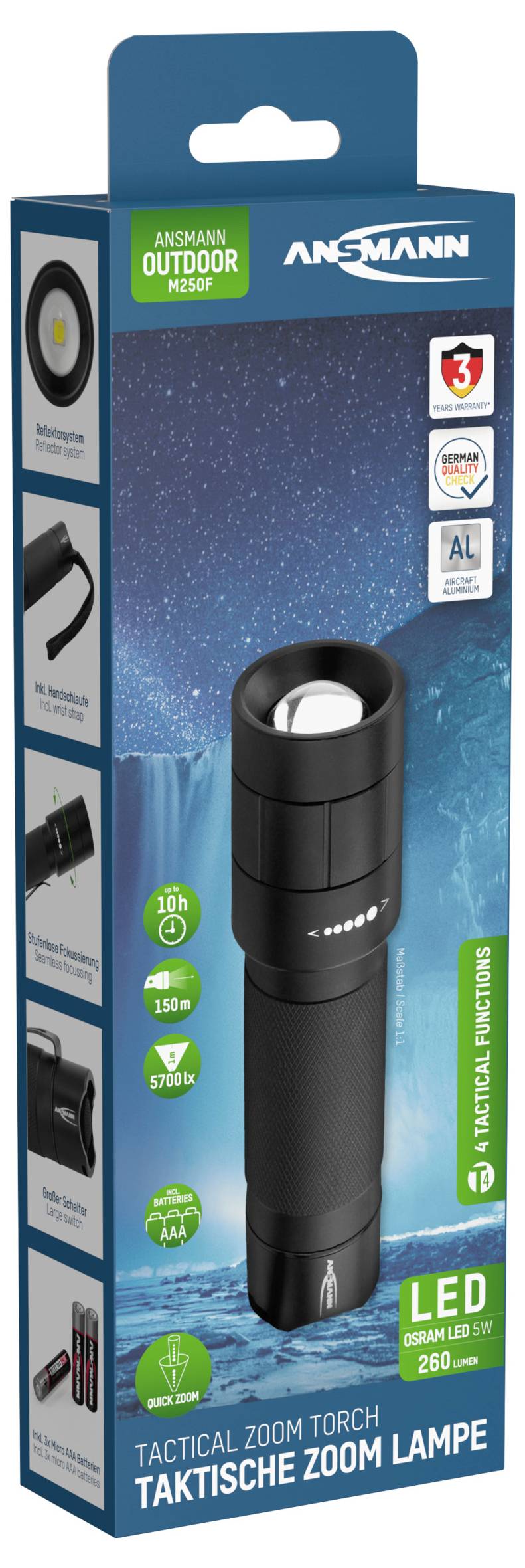 Ansmann M250F LED Taschenlampe mit Gürtelclip, mit Handschlaufe batteriebetrieben 260 lm 157 g