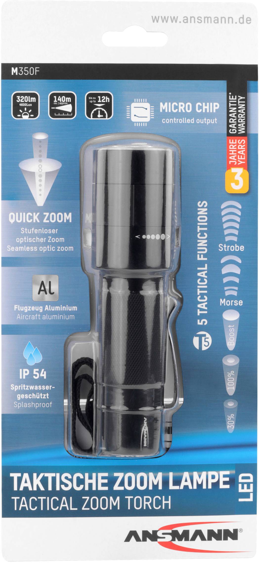 Ansmann M350F LED Taschenlampe mit Gürtelclip batteriebetrieben 320 lm 241 g