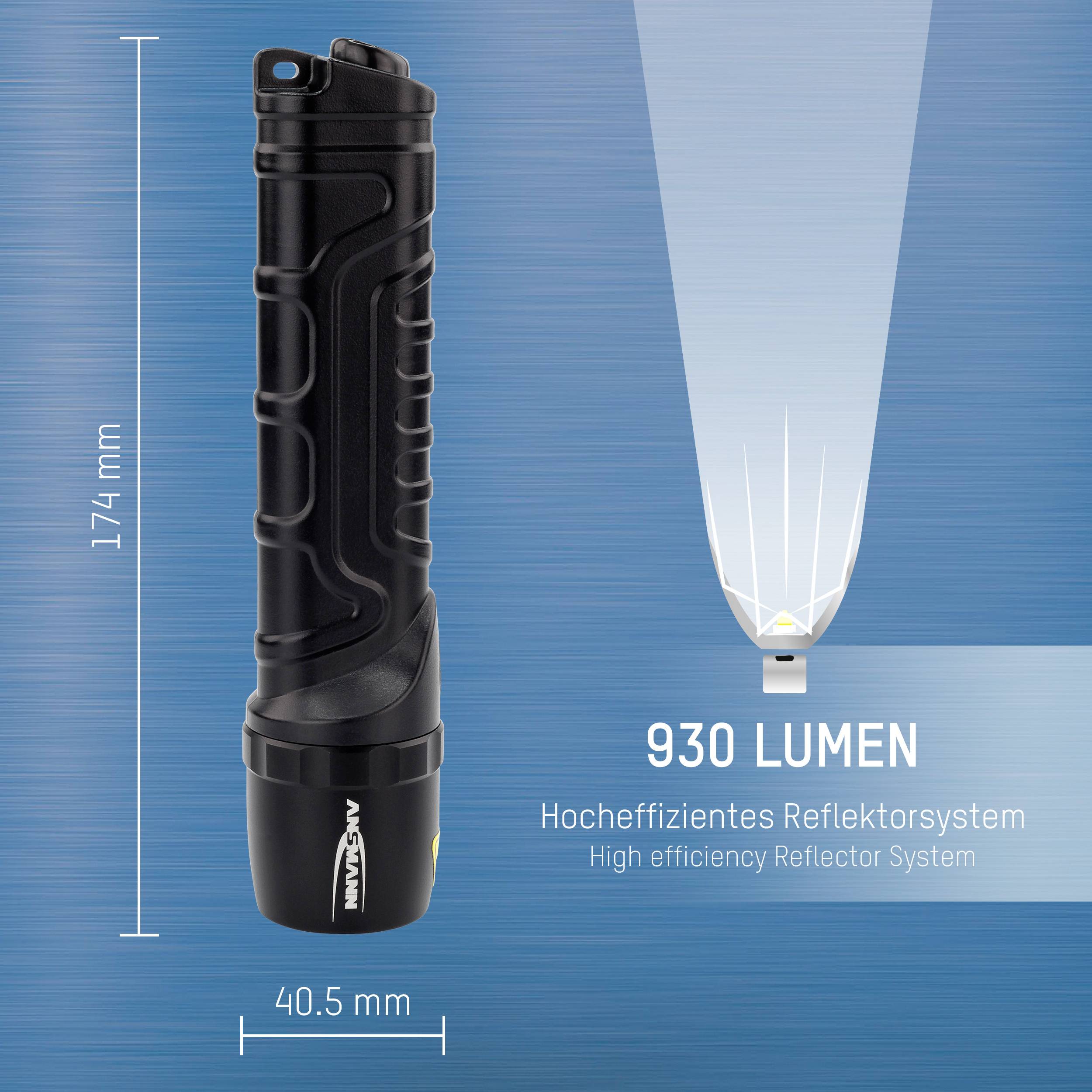 Taschenlampe, 930 Lumen, 174 mm hoch, 40,5 mm Durchmesser. Hocheffizientes Reflektorsystem.