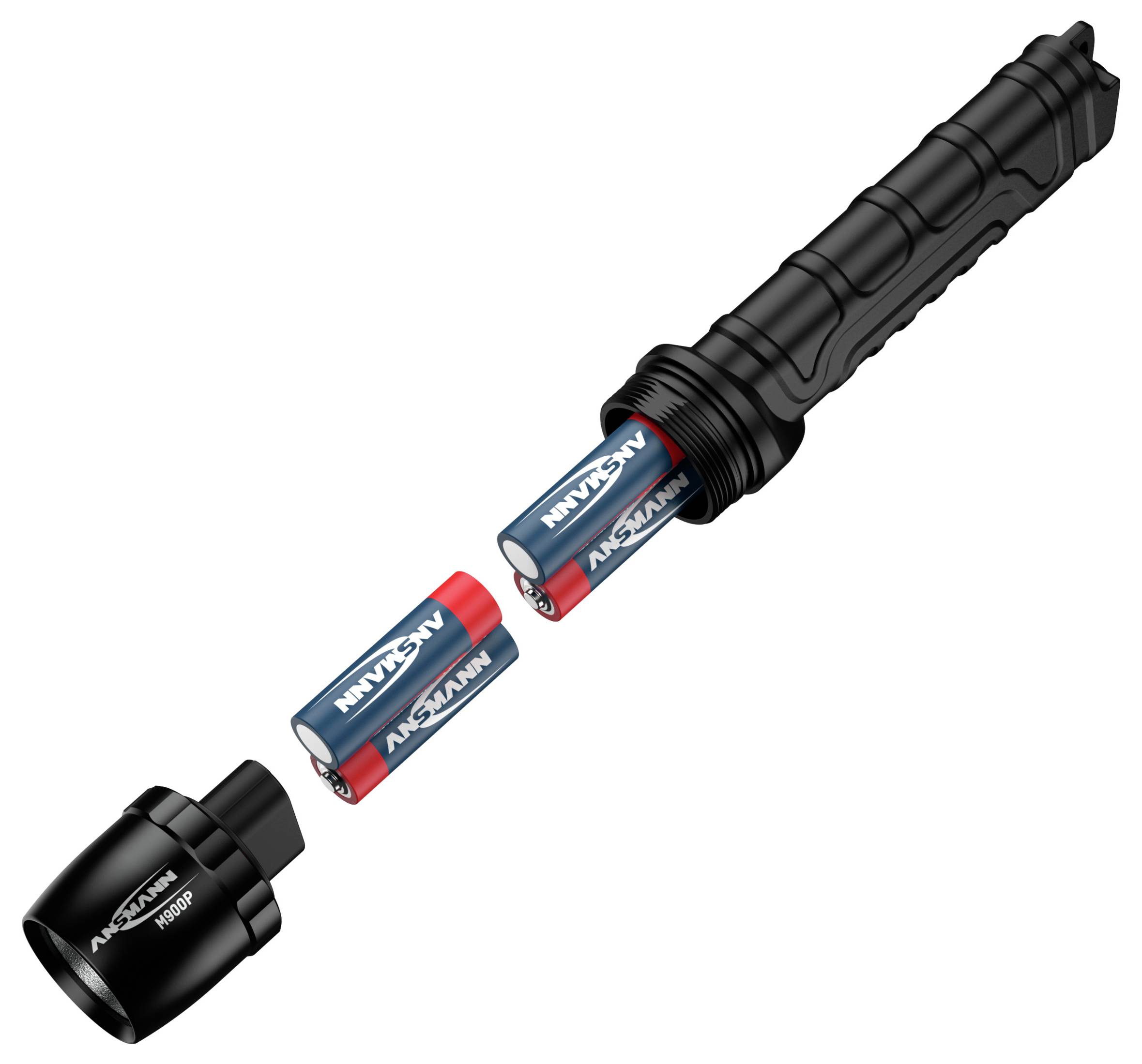 Zerlegte Taschenlampe mit zwei sichtbaren AA-Batterien, eine in Rot/Blau, zeigt die korrekte Platzierung der Batterien im Gehäuse.