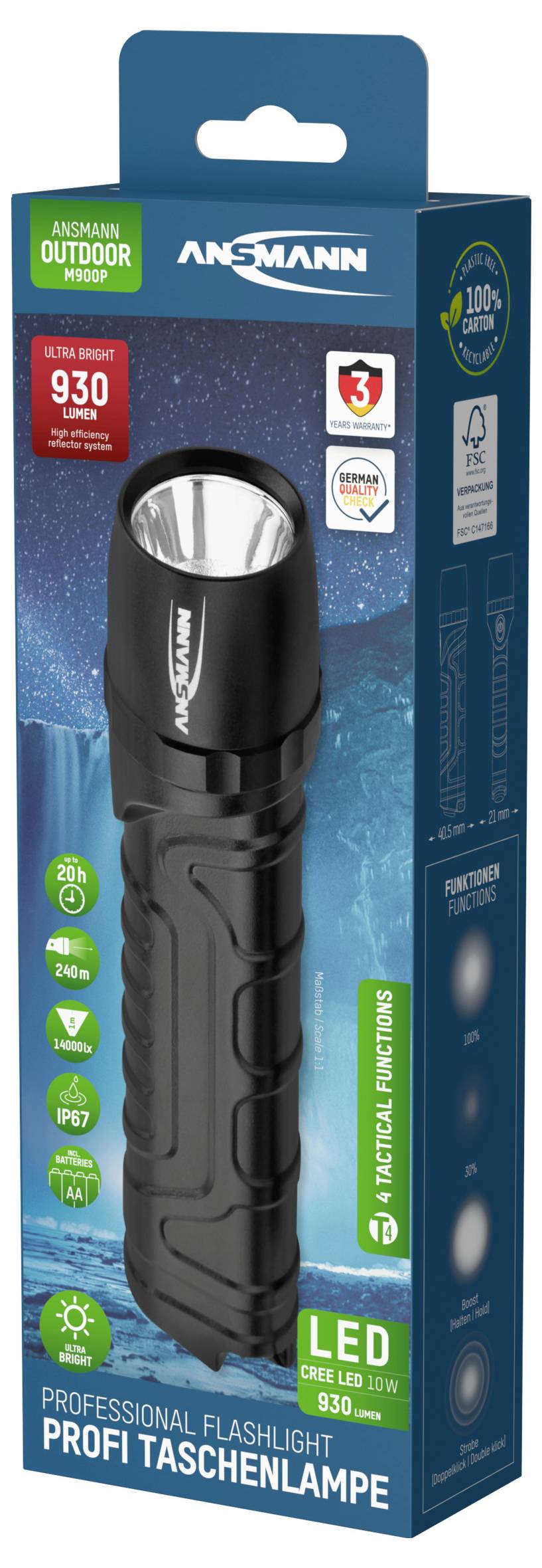 Profi Taschenlampe LED 930 Lumen, 246 m Reichweite, spritzwassergeschützt, stoßfest. Verpackung zeigt Taschenlampe und Details.