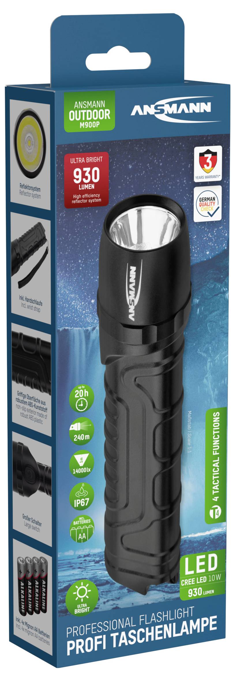 Schwarze LED-Taschenlampe in blauer Verpackung mit Logo 'Ansmann'. Helligkeit: 930 Lumen. Wasserdicht. Batteriebetrieben.