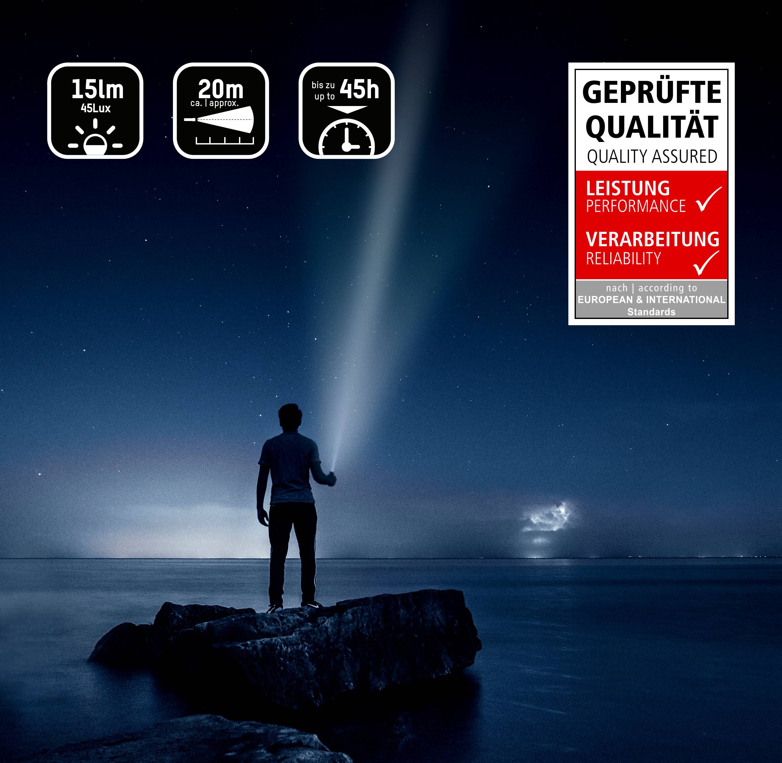 Ein Mann steht auf einem Felsen am Meer und leuchtet mit einer starken Taschenlampe in den Nachthimmel. Links Symbole für Leuchtweite, Helligkeit und Betriebsdauer. Rechts ein Qualitätssiegel.