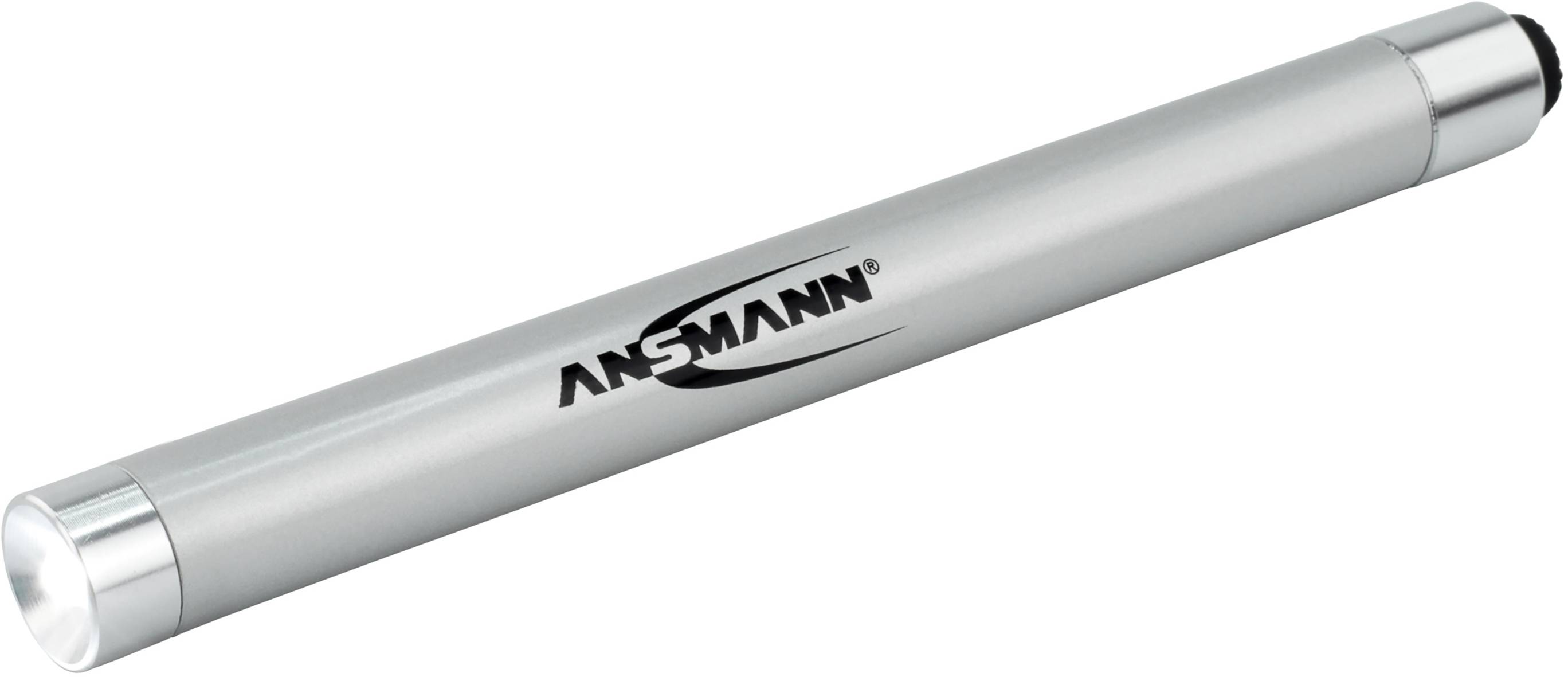 Silberfarbener Stift mit Ansmann-Logo, vermutlich eine Taschenlampe oder ein Laserpointer, auf weißem Hintergrund.
