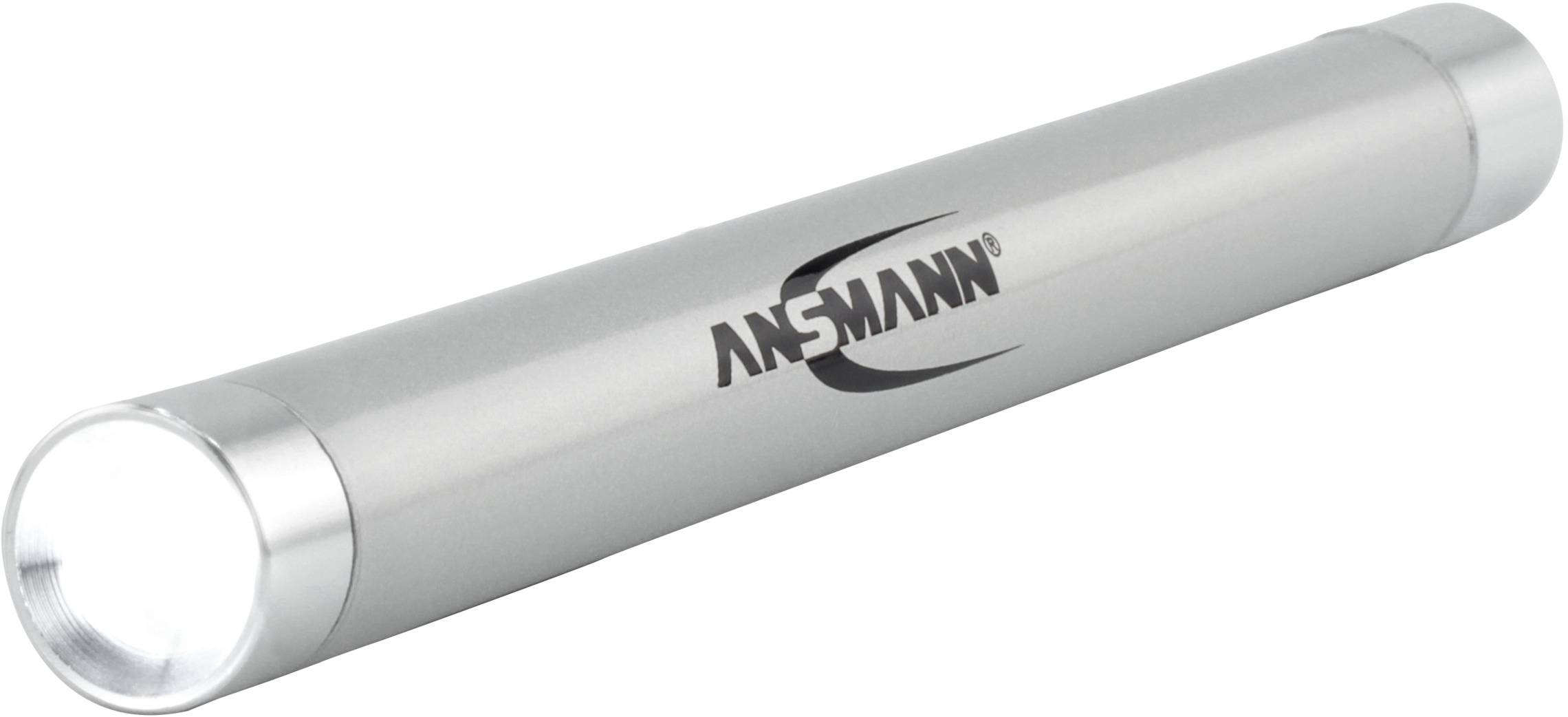 Silberne Stabtaschenlampe mit 'ANSMANN'-Logo seitlich.