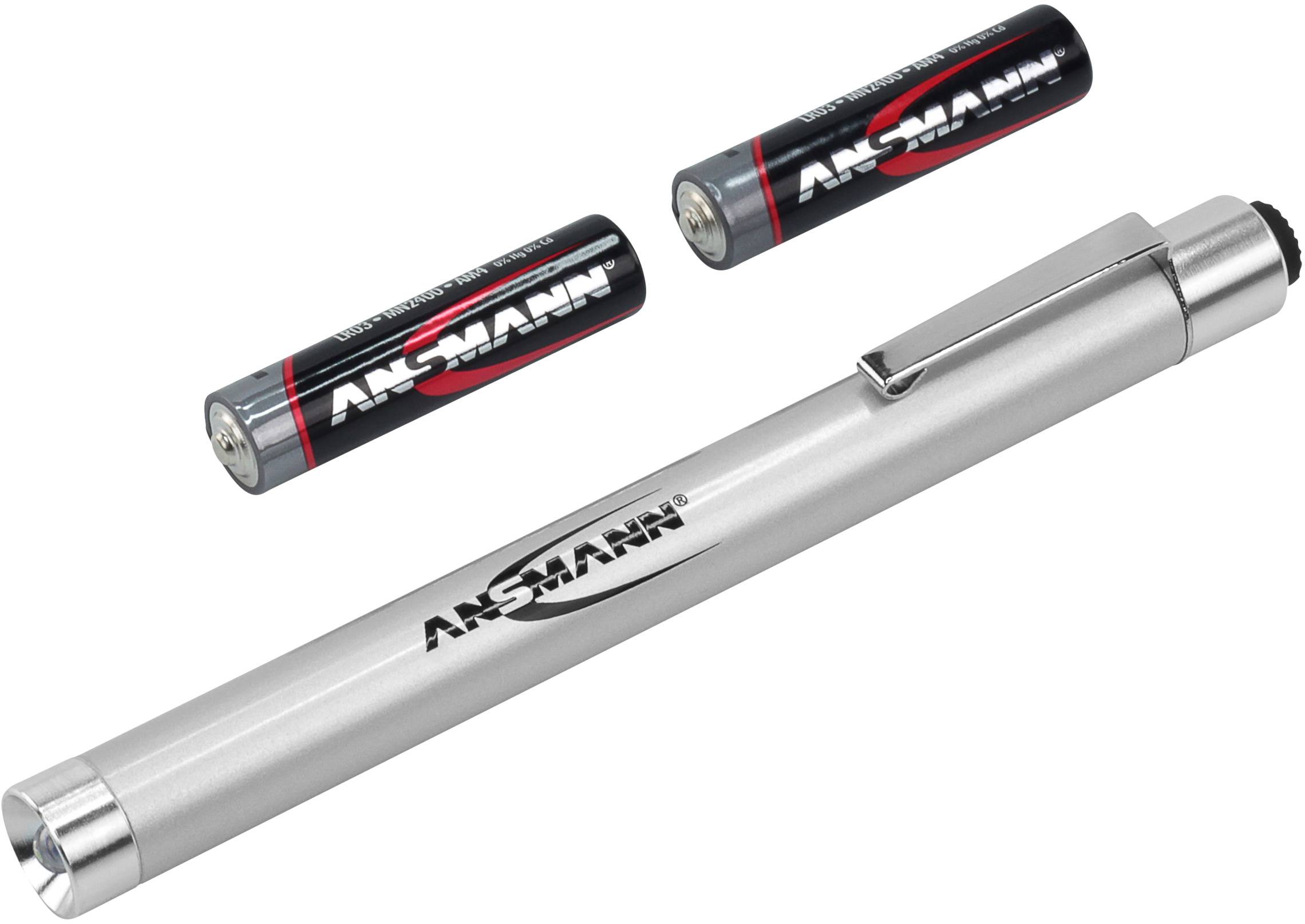 'Ansmann' Taschenlampe aus Metall mit Clip; zwei passende Batterien.