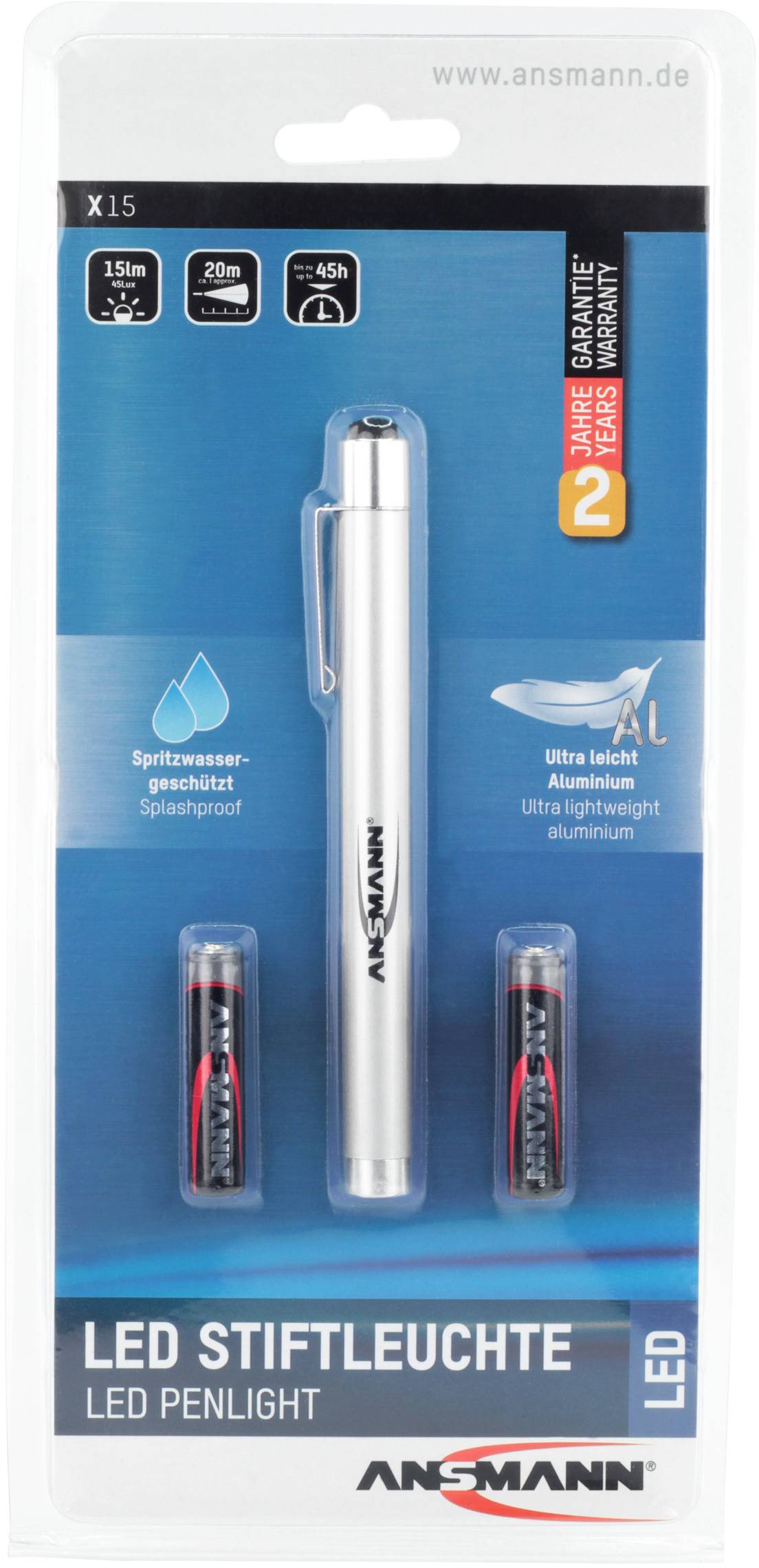 'LED Stiftleuchte' im Blisterpack, enthalten sind zwei Batterien. Hervorgehoben: Spritzwassergeschützt, aus ultraleichtem Aluminium, 2 Jahre Garantie.