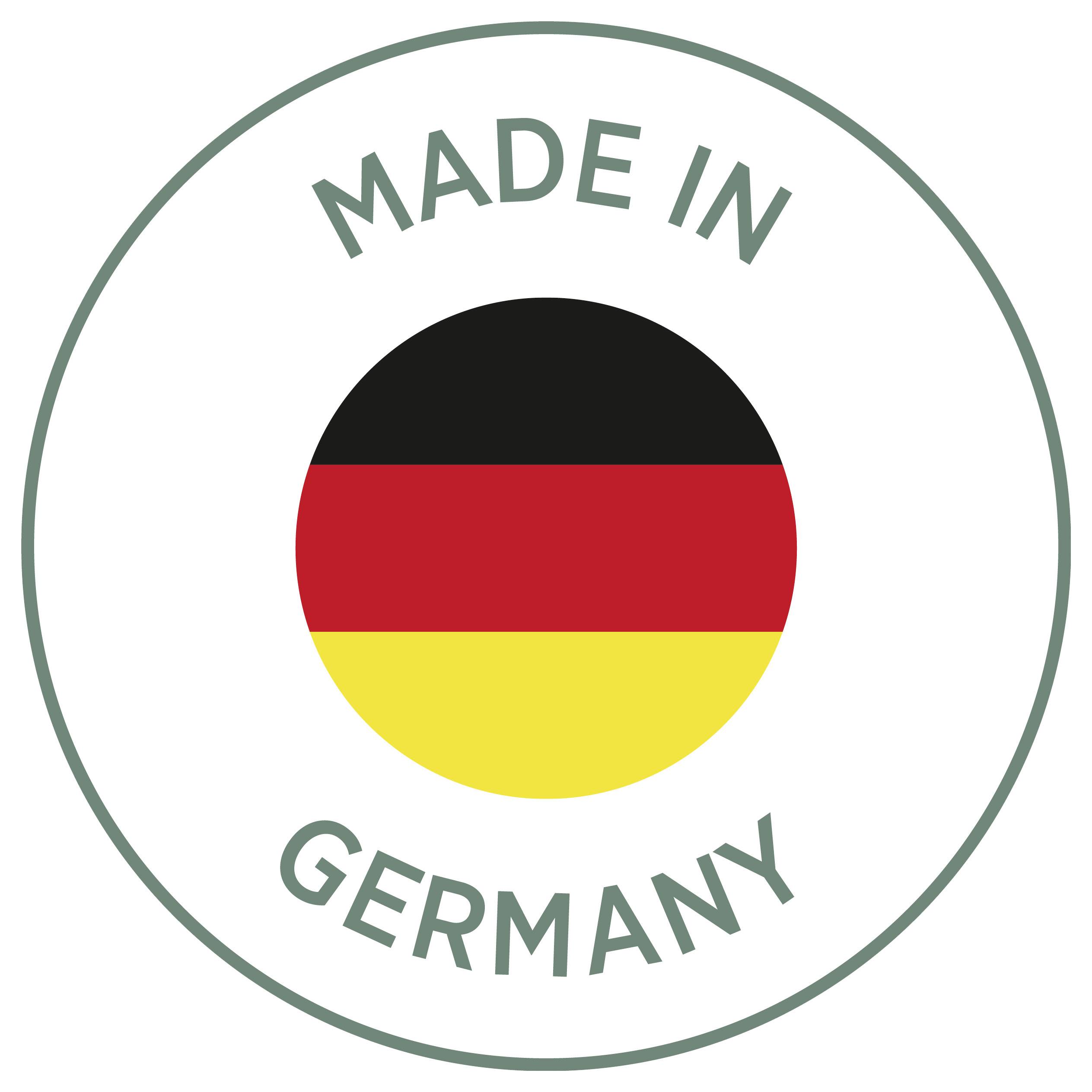 Rundes Siegel mit deutscher Flagge und Text 'MADE IN GERMANY', kennzeichnet ein Produkt als in Deutschland hergestellt.
