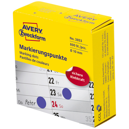 Avery-Zweckform 3853 Markierungspunkte Etiketten Ø 10mm Blau 800 St. Permanent haftend Papier