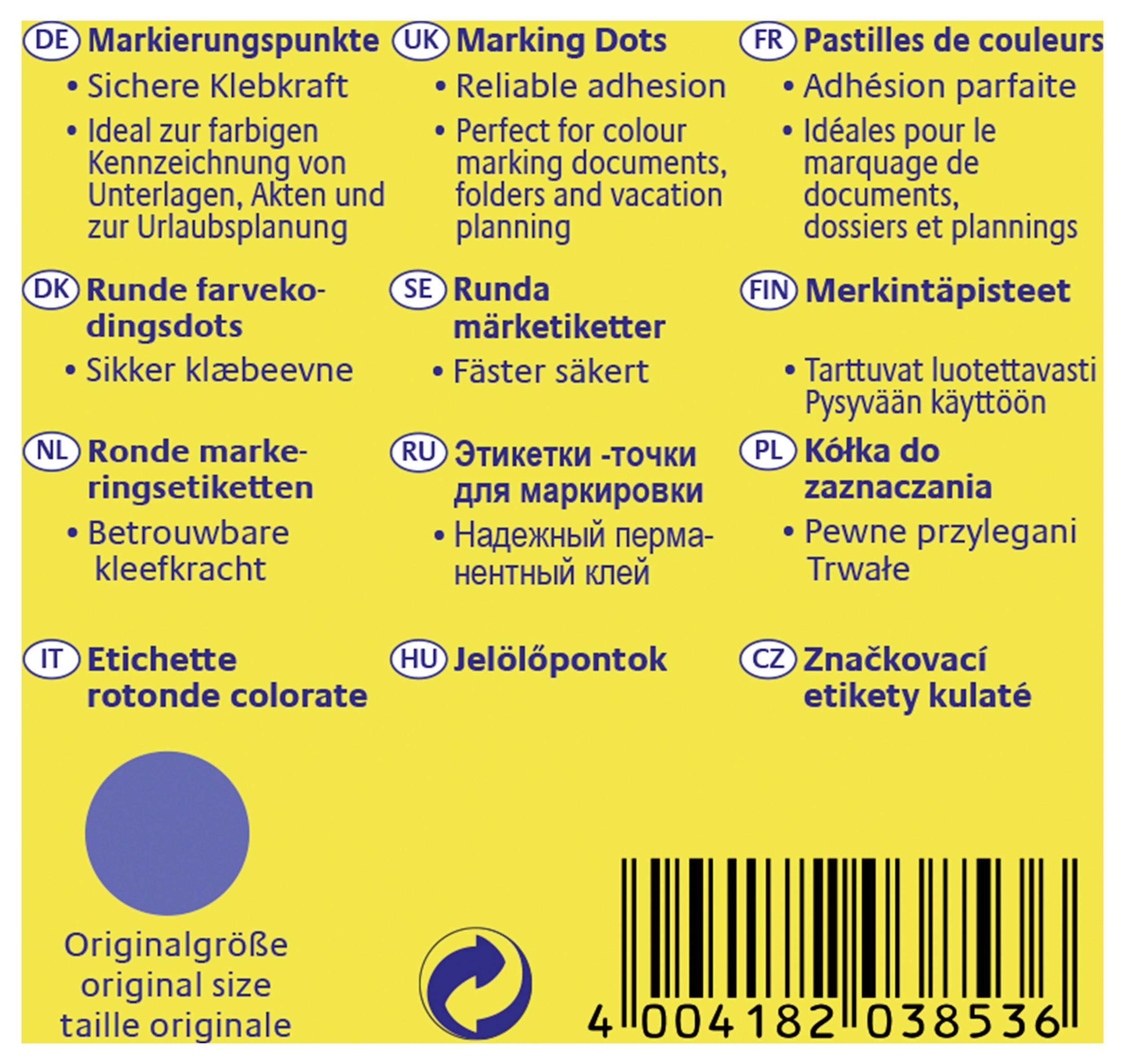 Gelbes Produktetikett mit mehrsprachigem Text für "Markierungspunkte", mit Auflistung von starkem Klebstoff und Verwendung zur Farbkennzeichnung von Dokumenten, plus Barcode und Größensymbol.