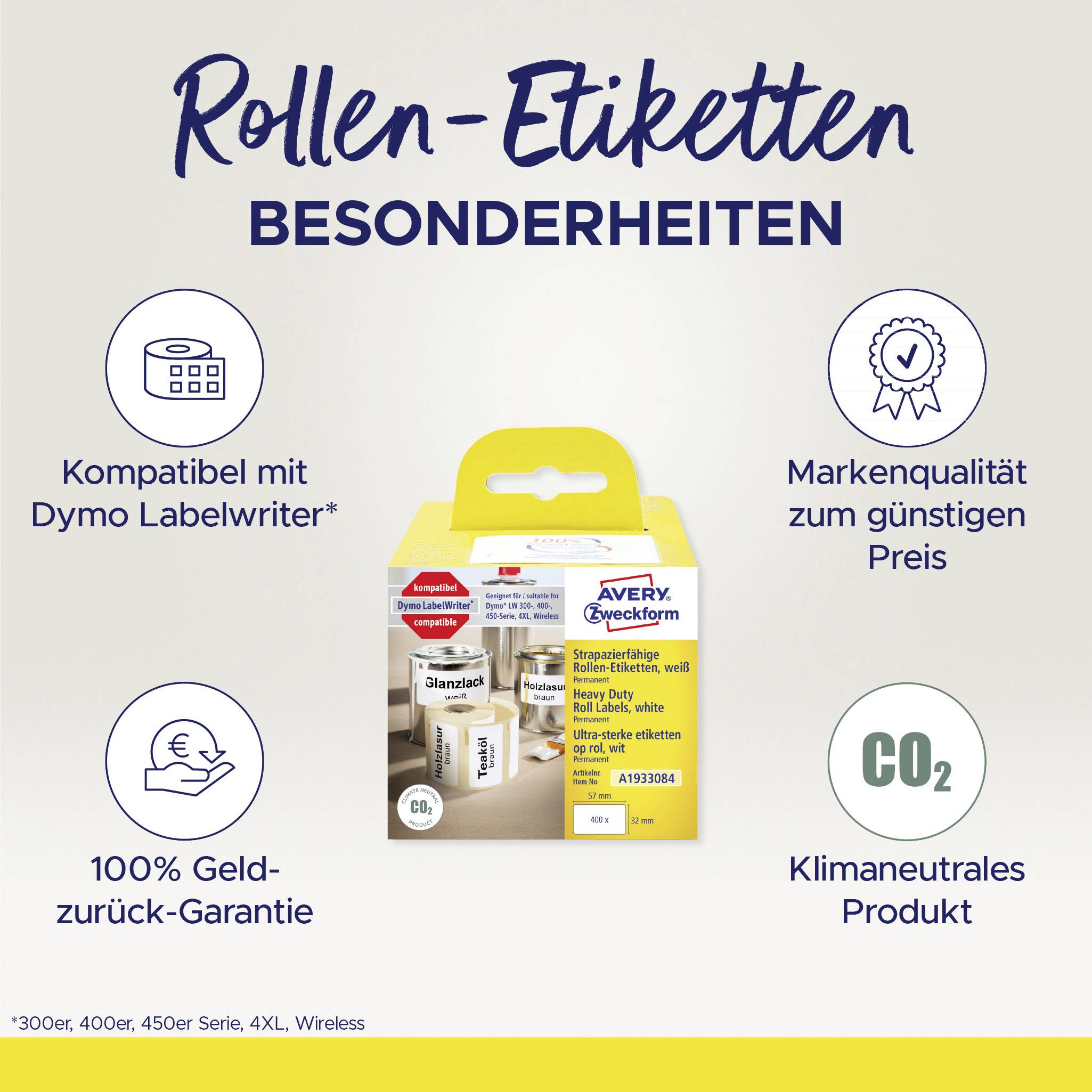 Avery-Zweckform Etiketten Rolle Kompatibel ersetzt DYMO 1933084 57 x 32mm Folie Weiß 400 St. Permanent haftend