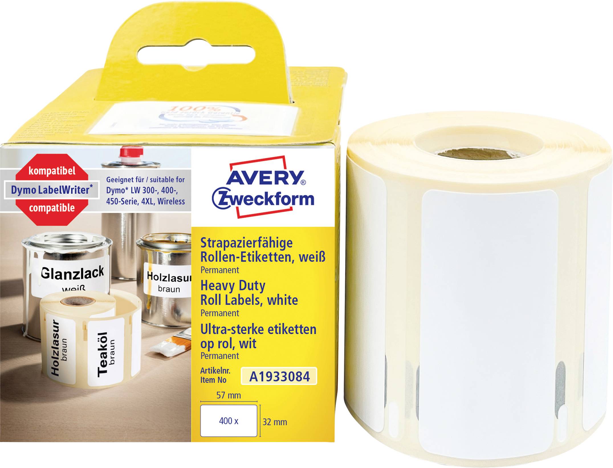 Eine Rolle Avery Zweckform weiße strapazierfähige Etiketten in einem durchsichtigen Kunststoffhalter, neben der gelben Produktschachtel mit Kompatibilitäts- und Größenangaben gezeigt.