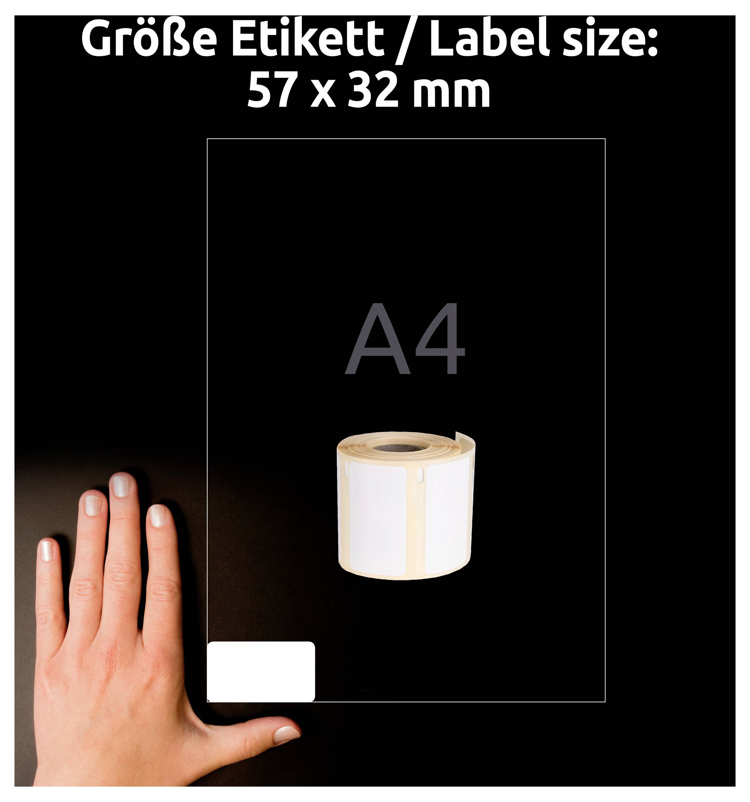 Vergleichsgrafik: Etikettgröße 57 x 32 mm auf A4-Bogen; kleine Etikettenrolle und Hand zeigen die Größenrelation.