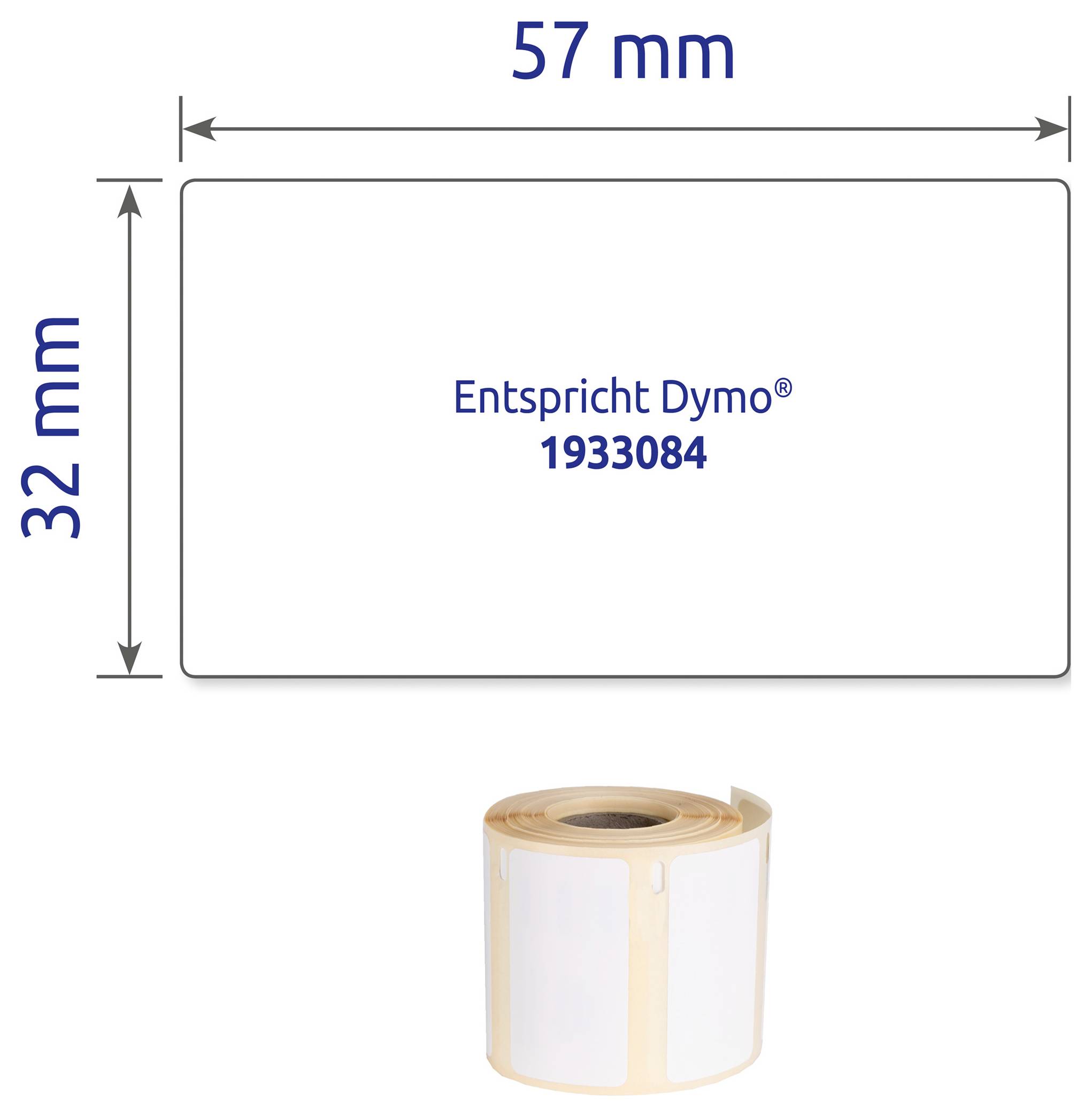 Etikettenrolle mit weißem 57 × 32 mm Etikett; Aufdruck 'Entspricht Dymo® 1933084' und Größenangaben oben und links.