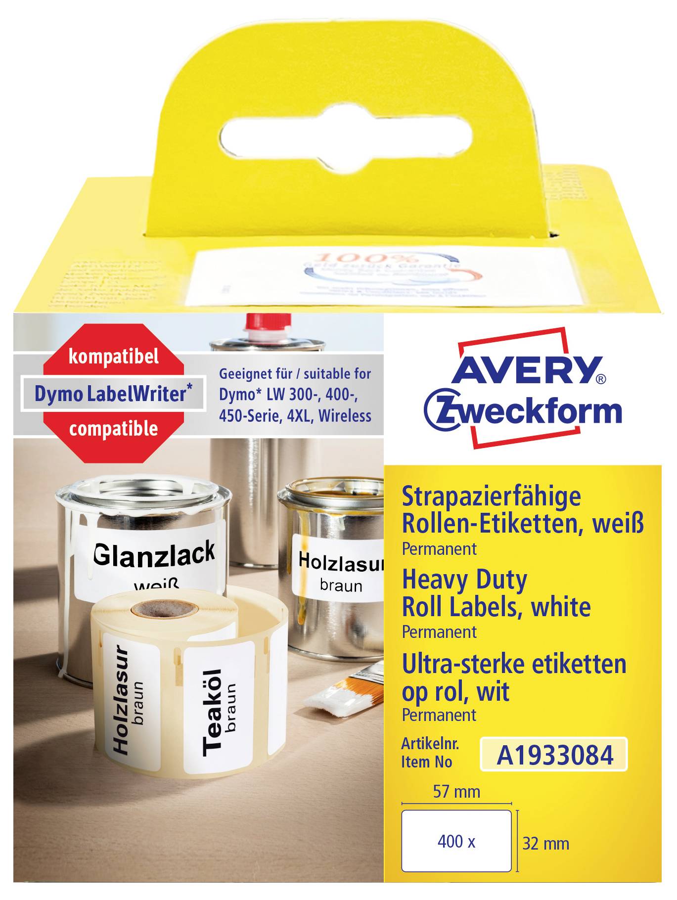 AVERY Zweckform Hochleistungs-Rollenetiketten in Weiß, Verpackung für Dymo LabelWriter Drucker, Artikel-Nr. A1933084, 400 Etiketten in der Größe 57 x 32 mm.