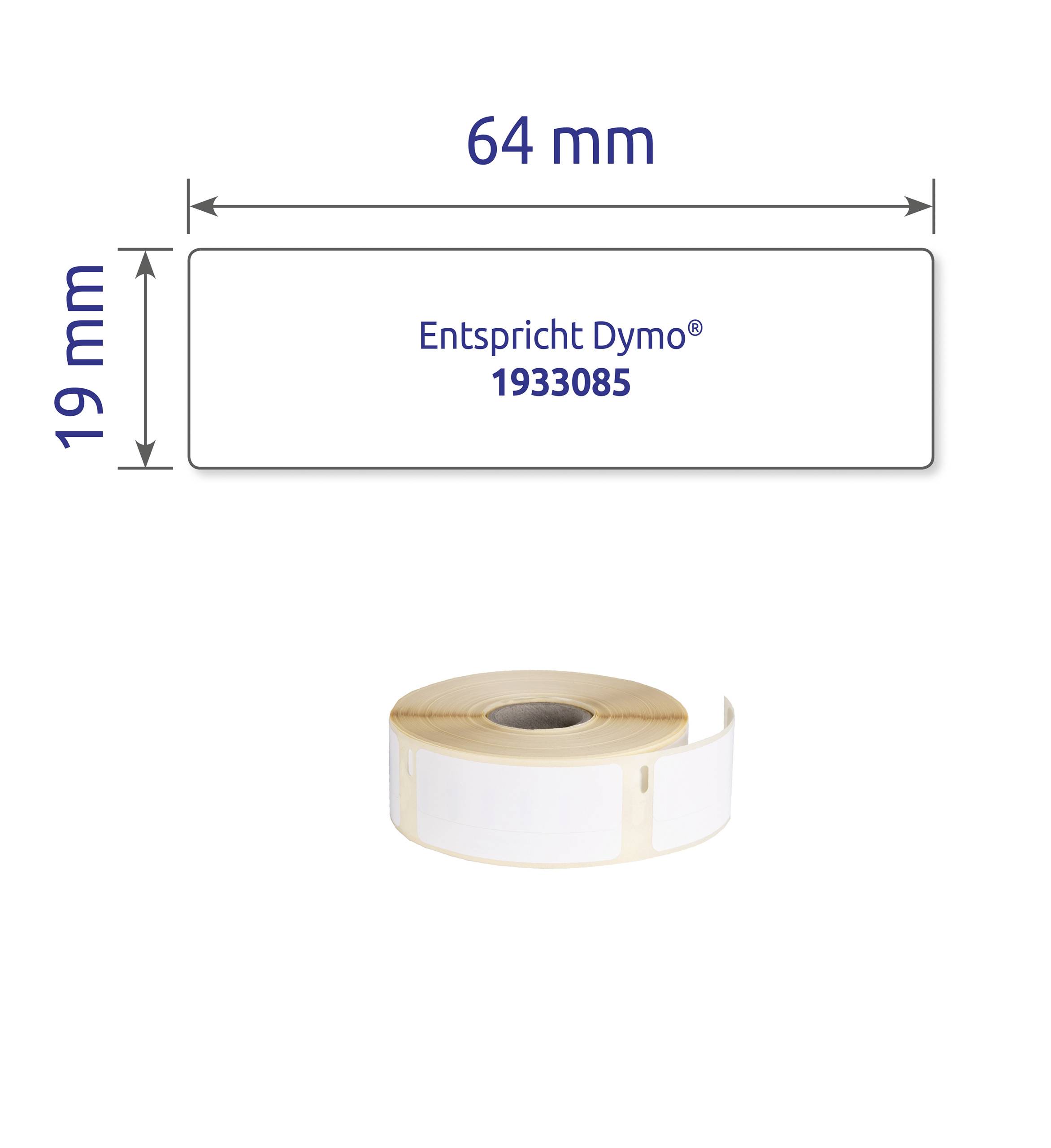 Etikettenrolle mit den Maßen 64 mm x 19 mm, kompatibel mit 'Entspricht Dymo® 1933085'.