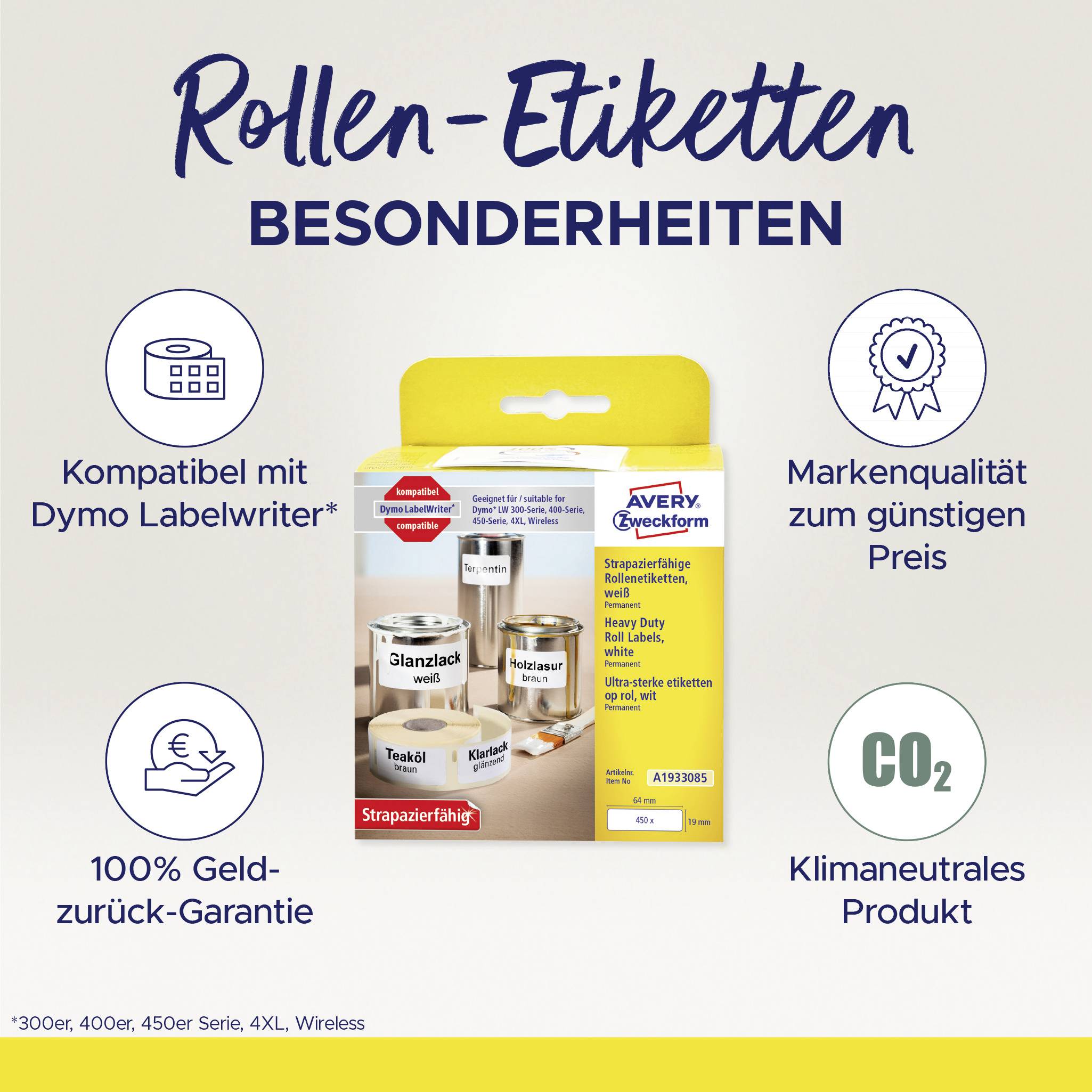 'Rollen-Etiketten Besonderheiten' erklärt die Vorteile der Etiketten: kompatibel, günstig, klimaneutral, 100% Geld-zurück-Garantie.