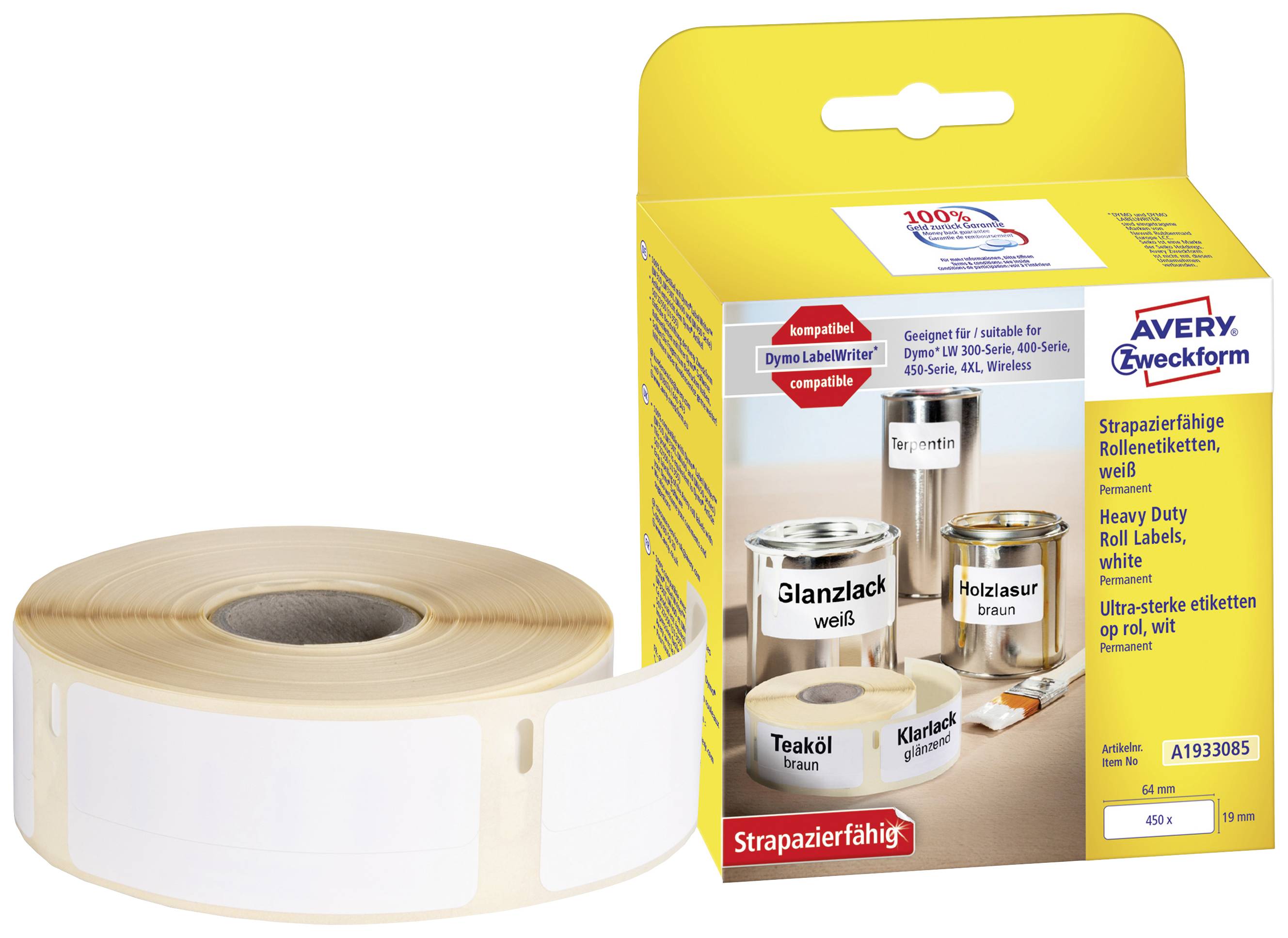 Etikettenrolle und Verpackung von Avery Zweckform mit Text 'Strapazierfähige Rollenetiketten, weiß', geeignet für Glanzlack, Holzlasur, Teaköl.