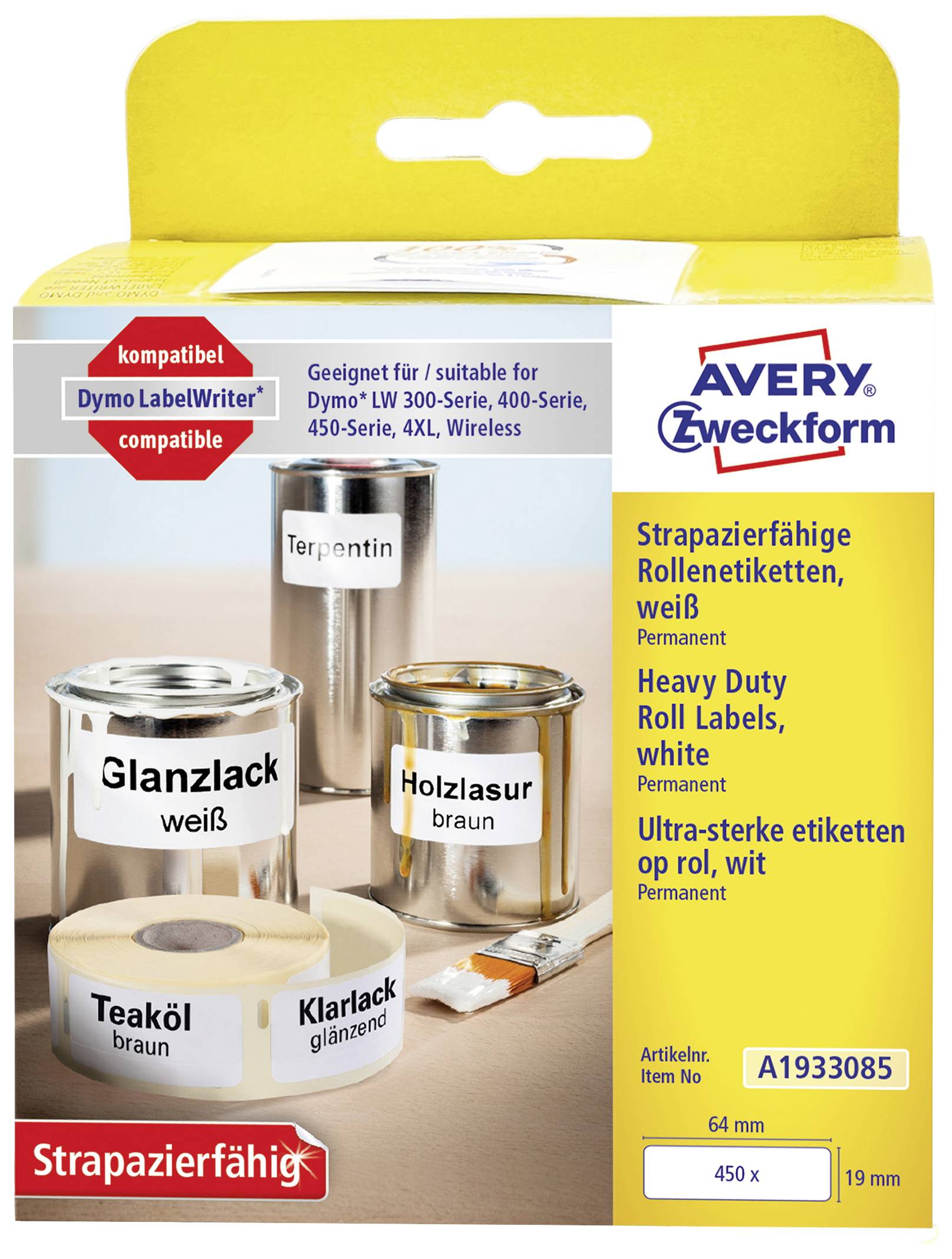 Eine Verpackung von strapazierfähigen Etiketten von Avery Zweckform. Enthält weiße Roll-Etiketten, kompatibel mit Dymo LabelWriter.