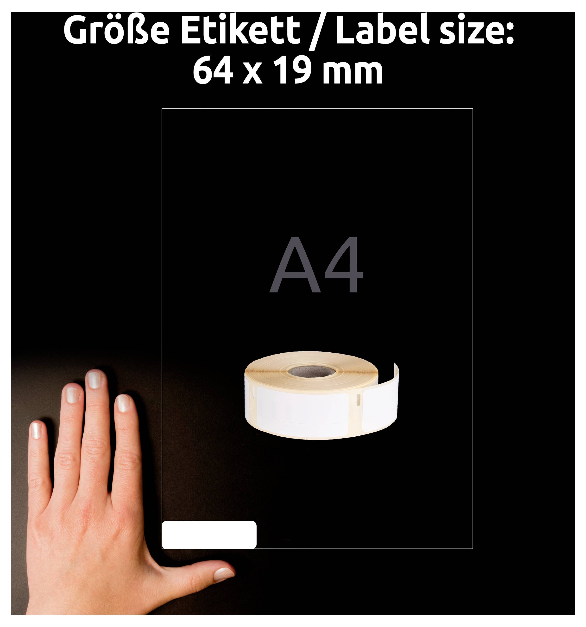 Vergleichsgrafik: Etikettenrolle für A4, oben 'Größe Etikett/Label size: 64 x 19 mm'; Hand zeigt Maßstab und Position des Labels auf dem Bogen.