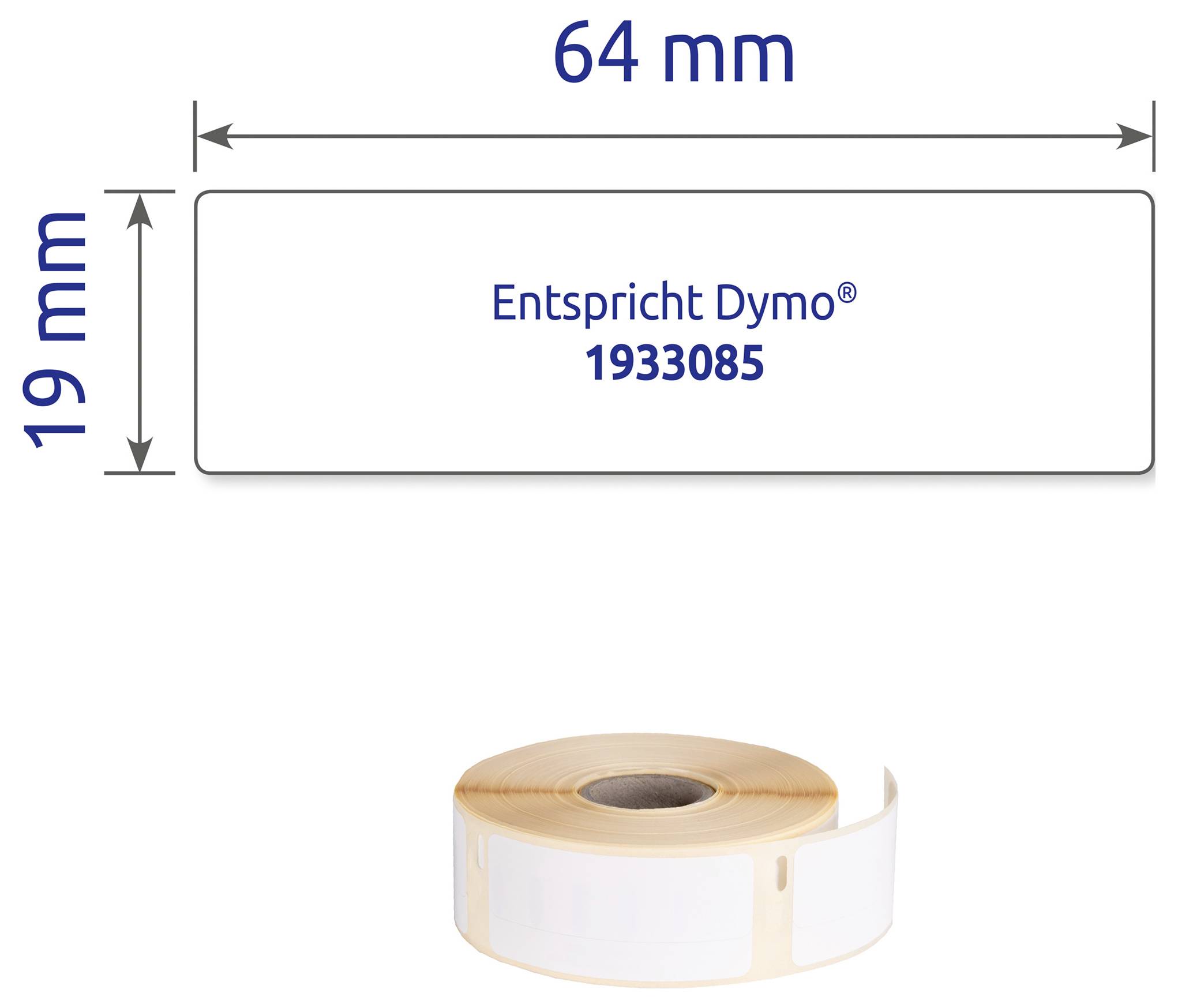Etikettenrolle für Dymo, Größe 64 mm x 19 mm, kompatibel mit 'Entspricht Dymo 1933085' dargestellt.