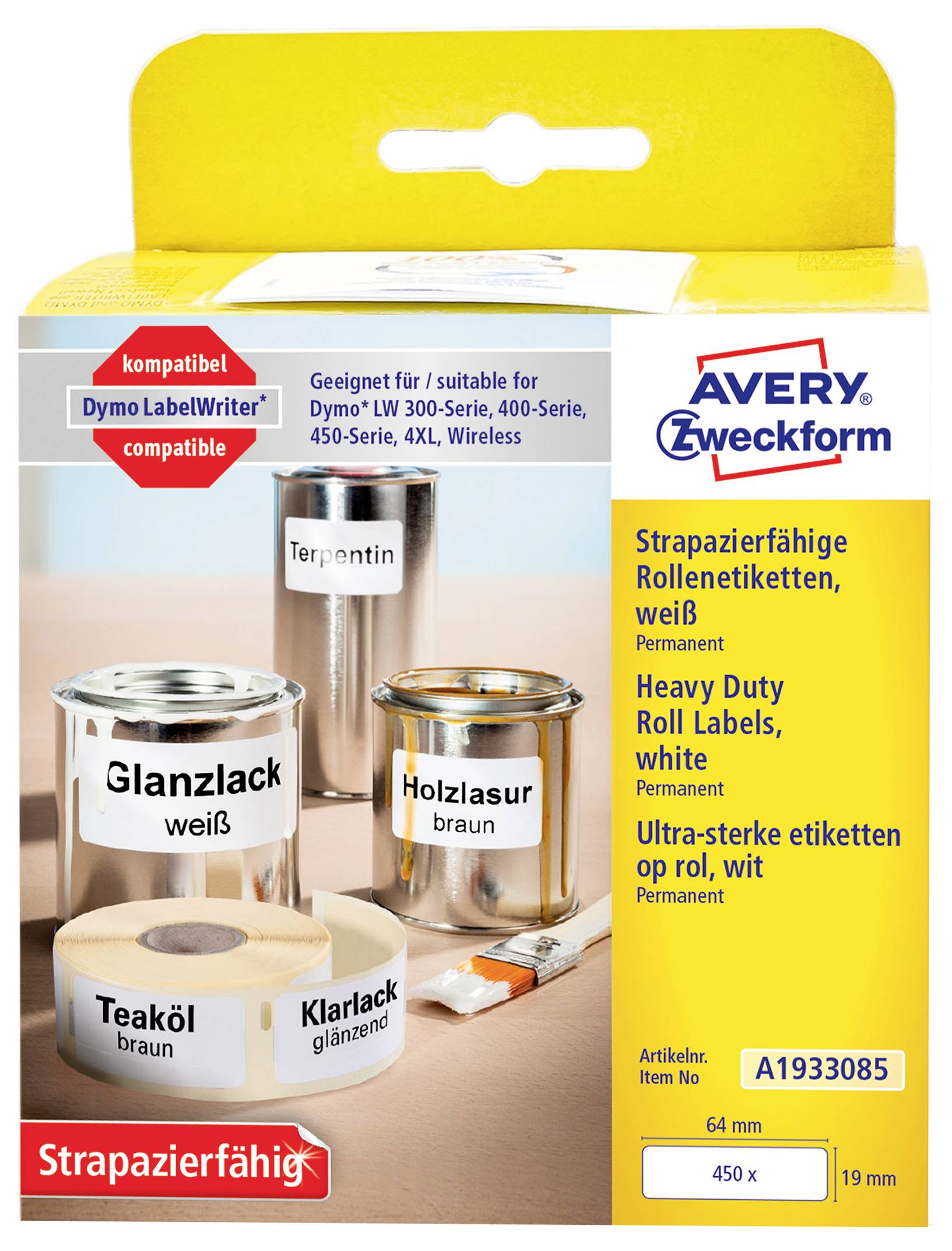 Avery Zweckform schwere Dauerhaft weiße Rollenetiketten mit Musteretikett auf Farbdosen und einem Pinsel; kompatibel mit Dymo LabelWriter.