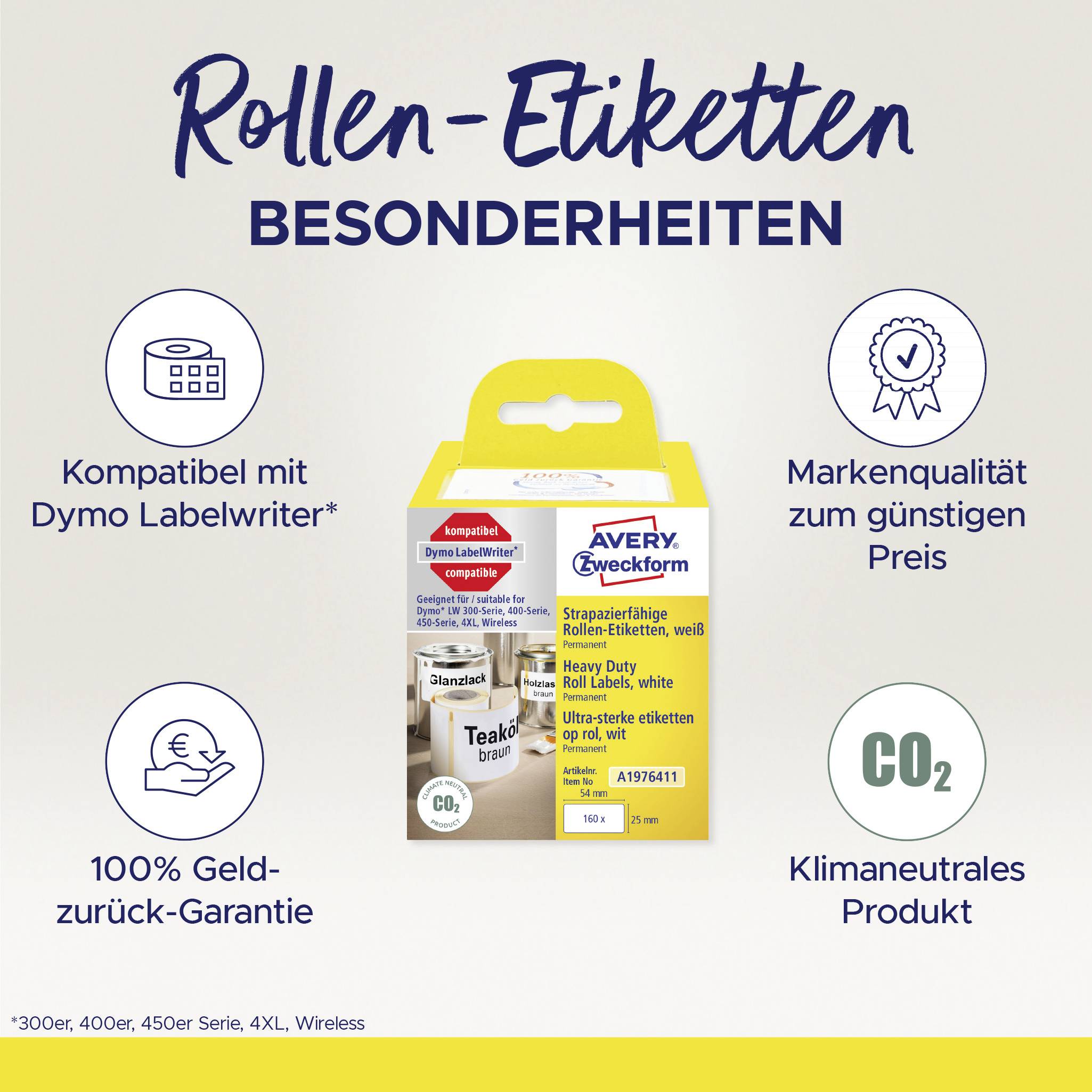 Avery-Zweckform Etiketten Rolle Kompatibel ersetzt DYMO 1976411 25 x 54mm Folie Weiß 160 St. Permanent haftend