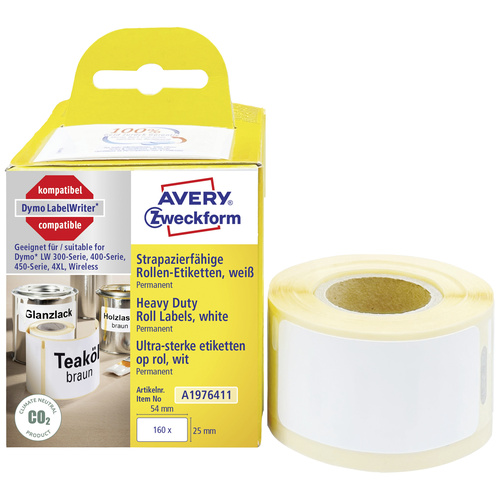 Avery-Zweckform Etiketten Rolle Kompatibel ersetzt DYMO 1976411 25 x 54mm Folie Weiß 160 St. Permanent Universal-Etiketten