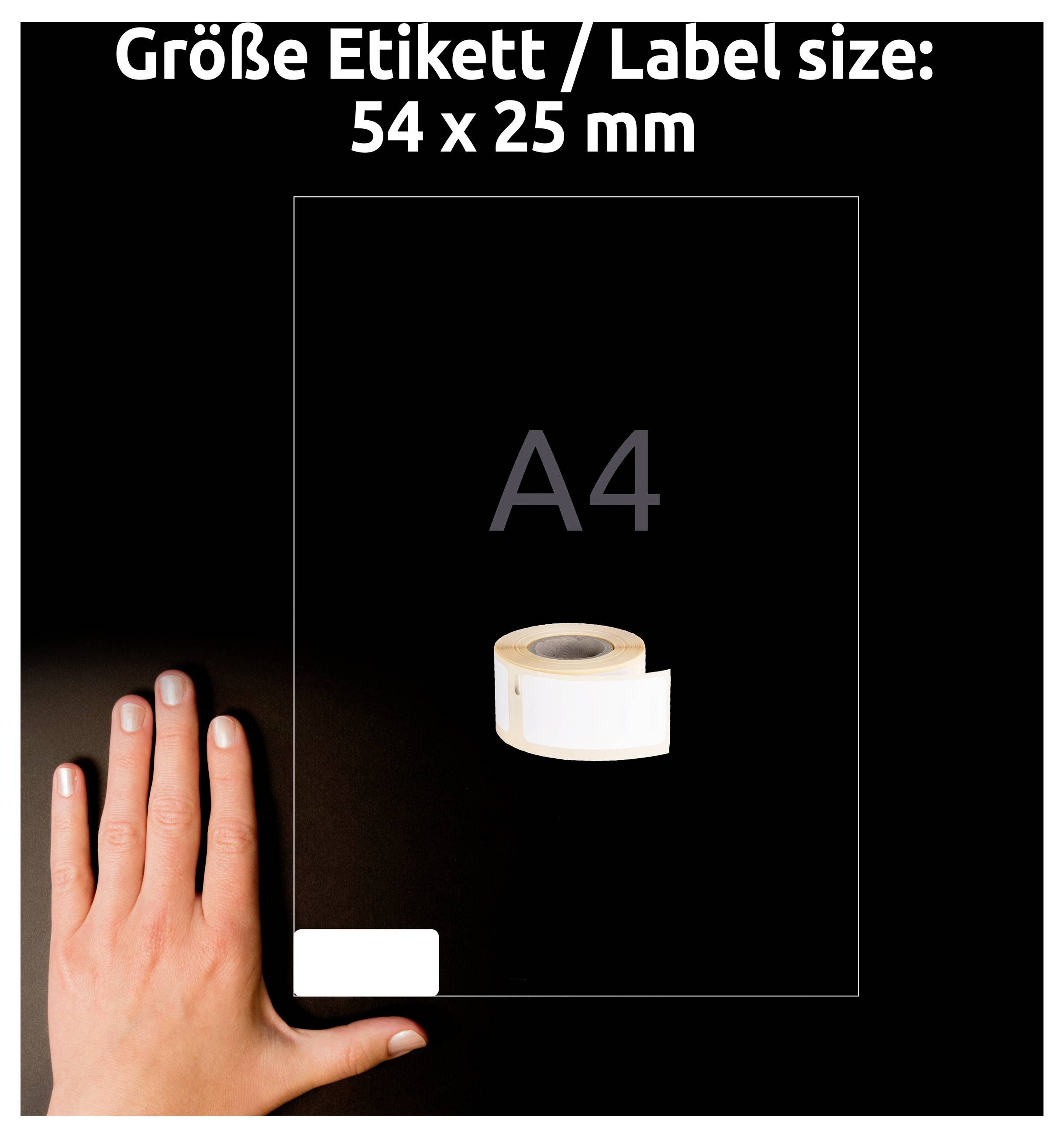 Vergleichsbild für Etikettengröße: 'Größe Etikett/Label size: 54 x 25 mm'; A4-Blatt mit kleinem Etikettenrollen-Symbol und Hand als Maßstab.