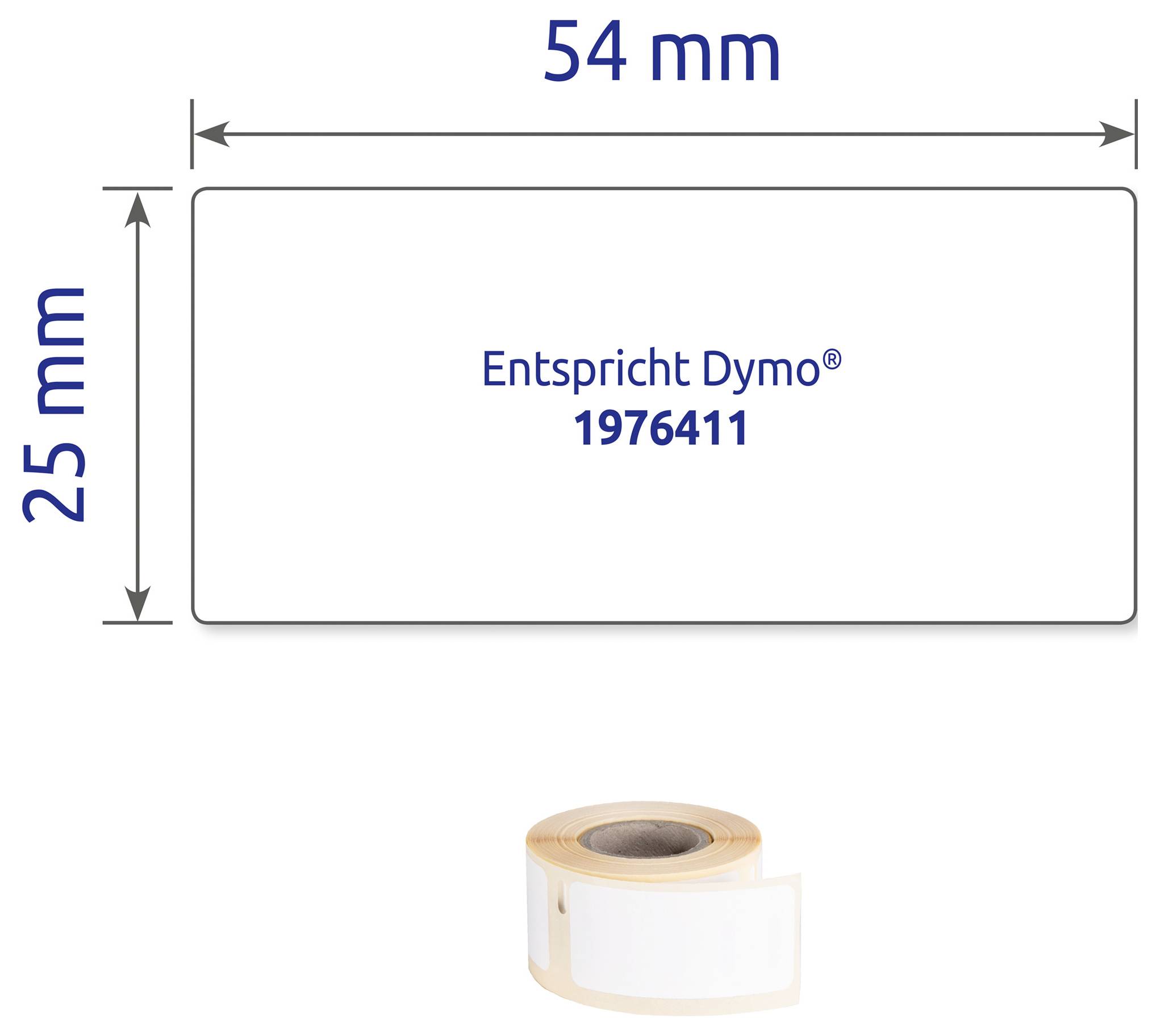 Maßzeichnung eines Etiketts: 54 mm breit und 25 mm hoch, mit Hinweis 'Entspricht Dymo 1976411'; darunter eine Etikettenrolle.