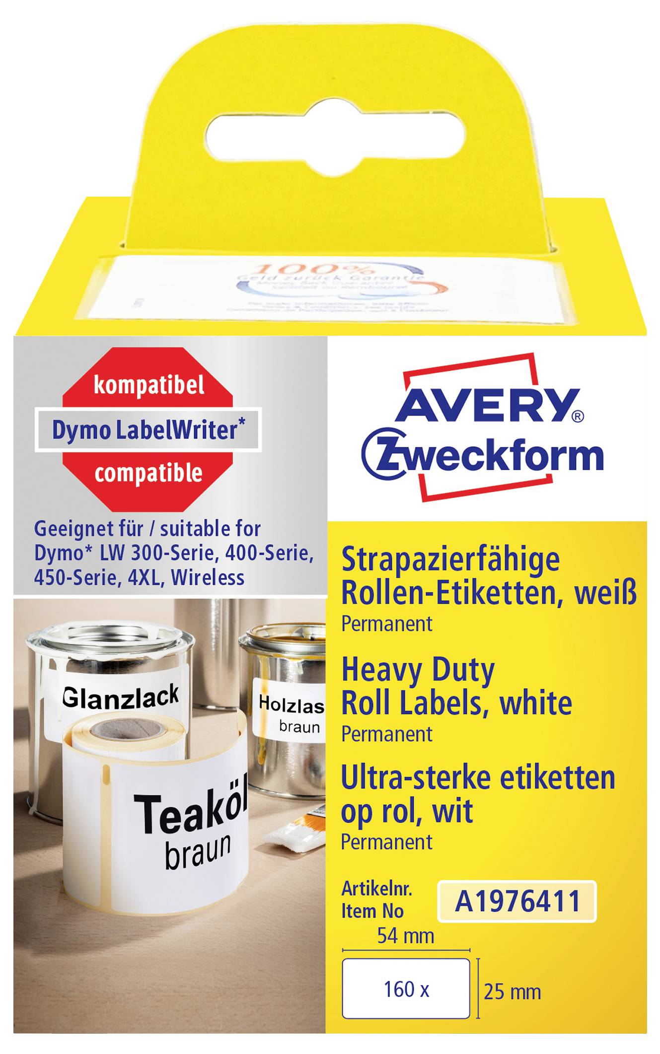 Produktverpackung für Avery Zweckform robuste weiße Rollenetiketten, kompatibel mit Dymo LabelWriter; 160 Etiketten, 54 x 25 mm.