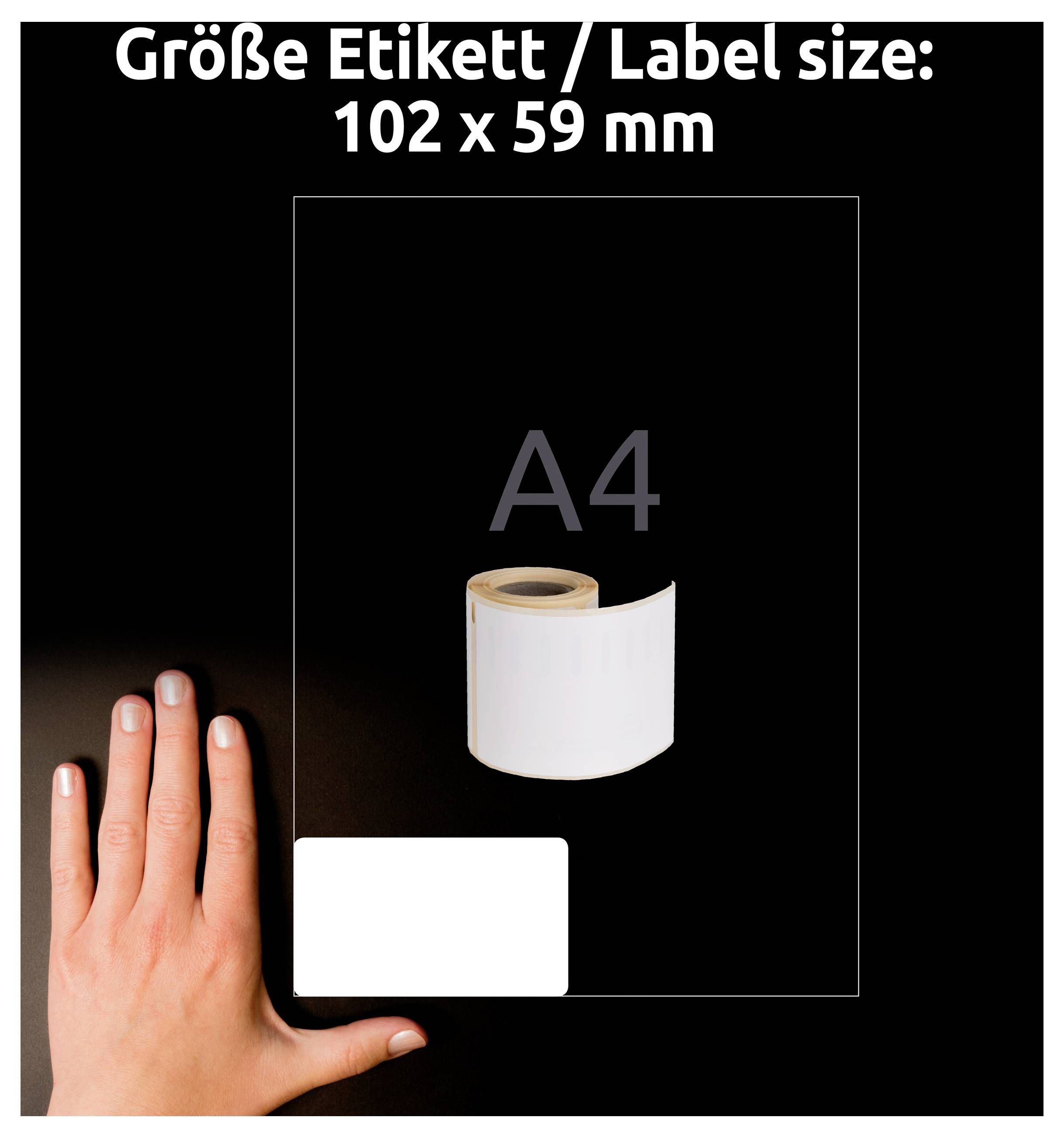 Illustration der Etikettengröße '102 x 59 mm' im A4-Format; weißes Etikett auf Rolle im Vergleich zu einer Hand als Maßstab.