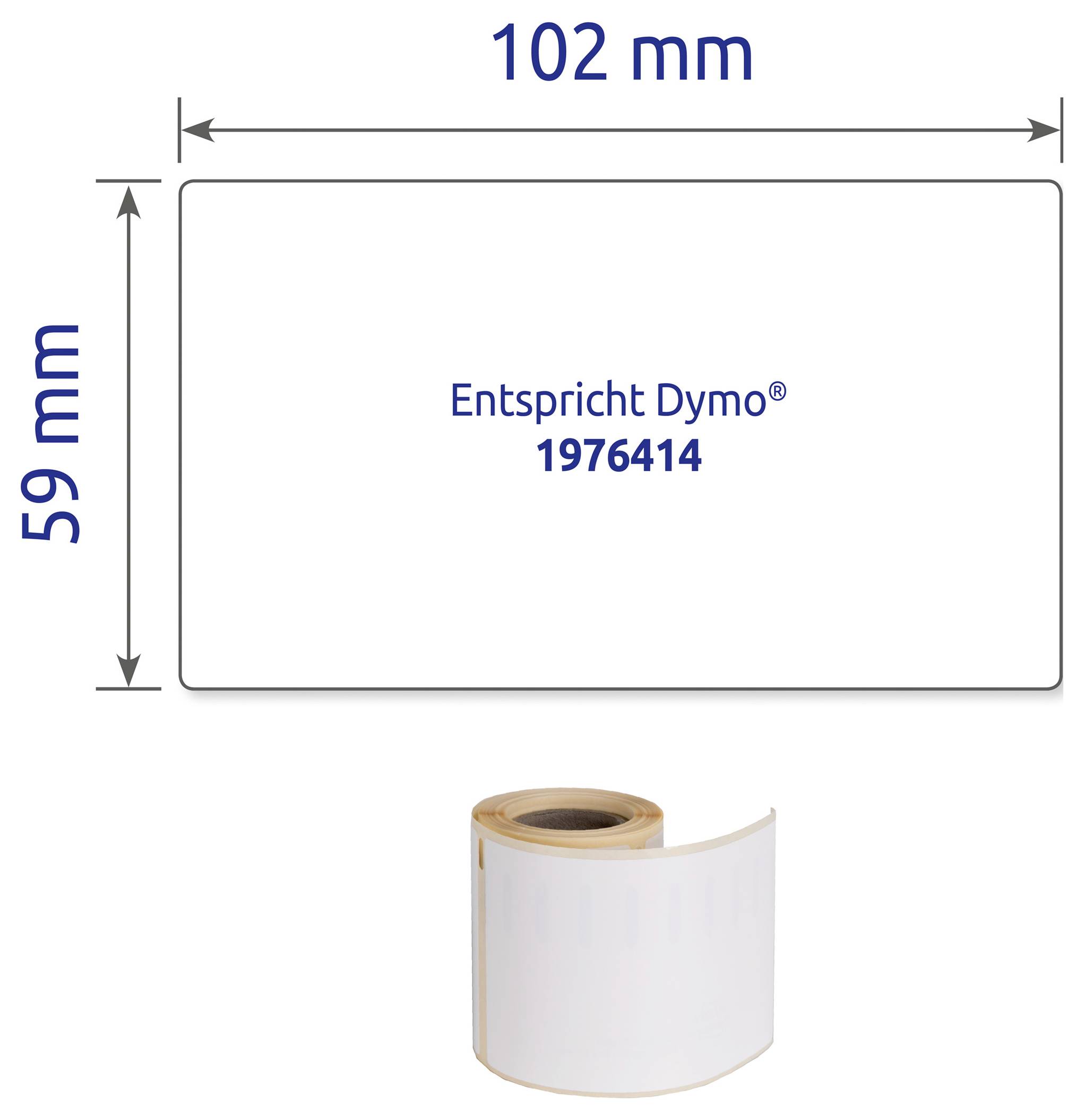 Etikettenrolle für Dymo: 102 × 59 mm, 'Entspricht Dymo® 1976414' in einem weißen Etikettenformat.