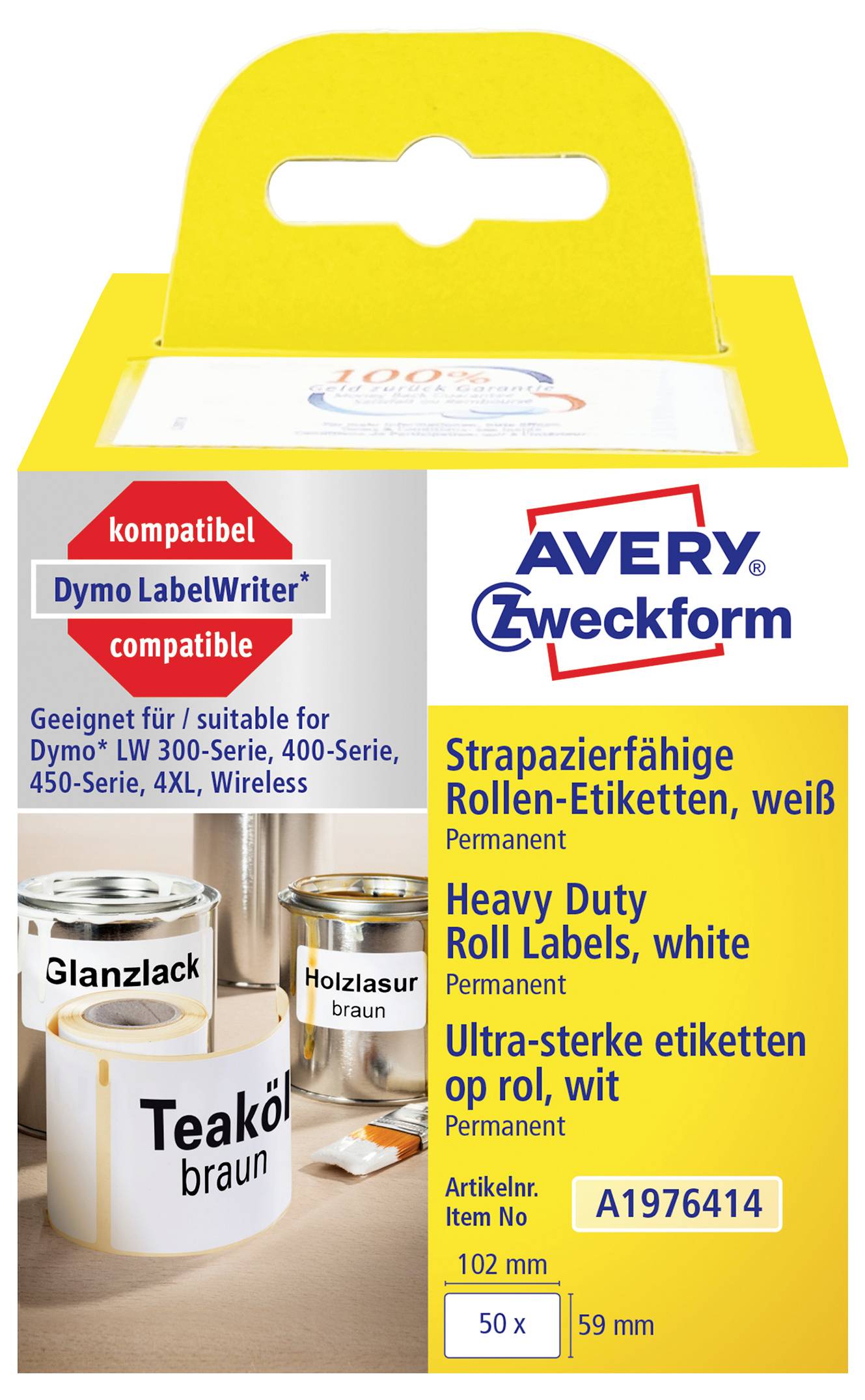 Avery Zweckform Rollen-Etiketten aus robustem weißem Material für DYMO LabelWriter; 102 mm x 59 mm, 50 Etiketten, Artikelnummer A1976414.
