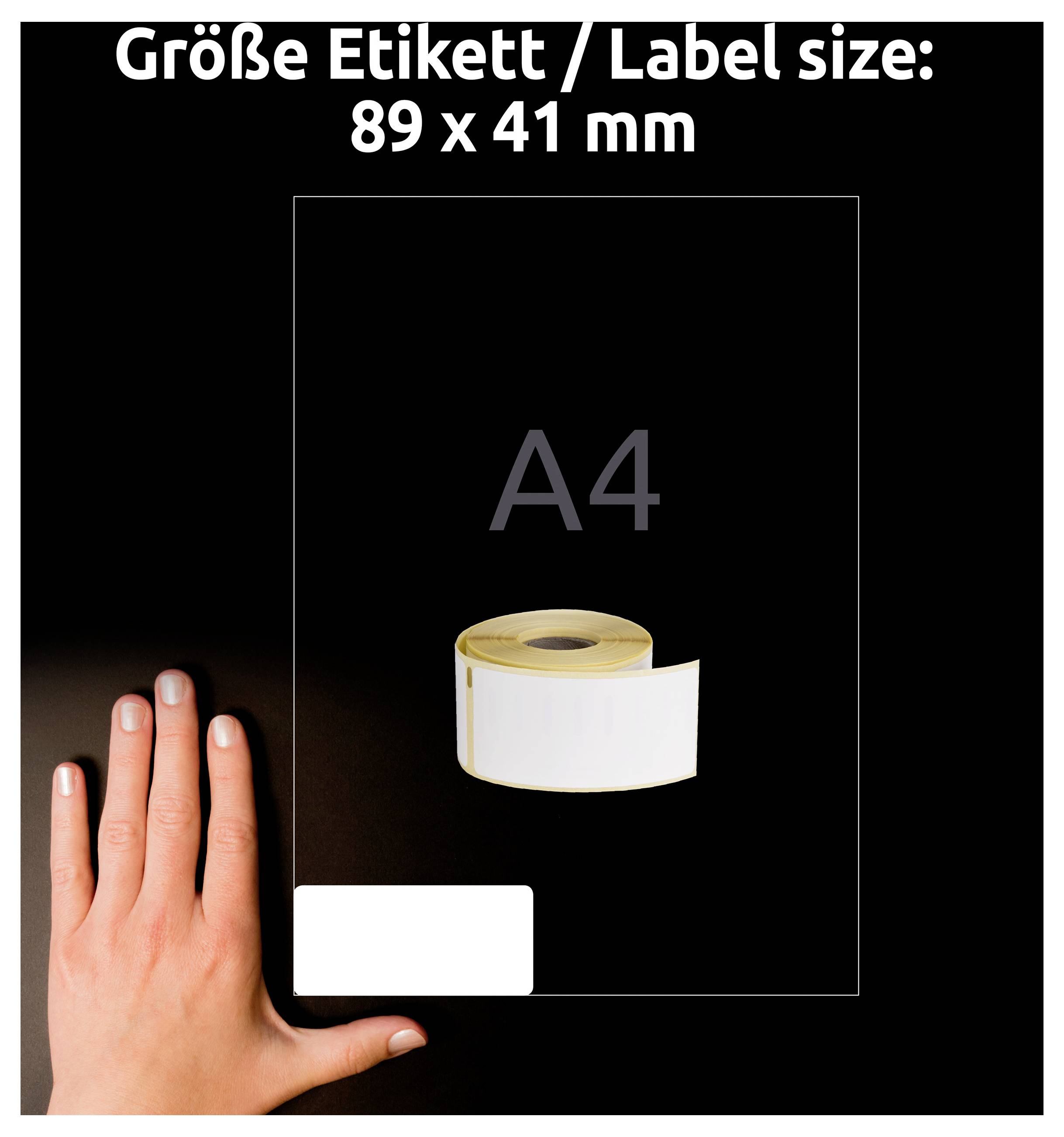 Vergleichsbild für Etikettengröße: A4-Blatt mit mittig platziertem Rollenetikett; oben steht 'Größe Etikett/Label size: 89 x 41 mm'.