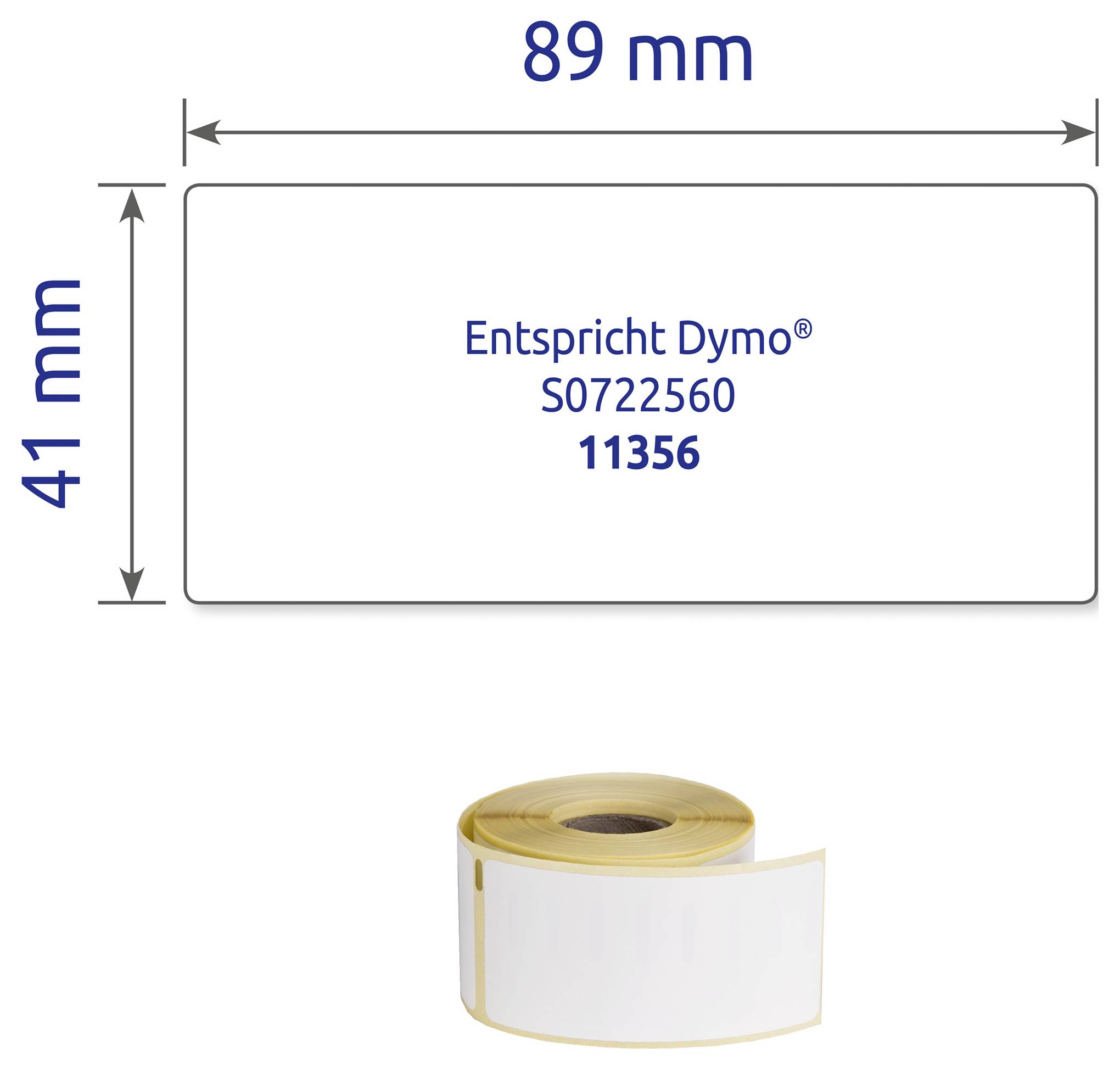 Beschriftungsband 89 × 41 mm, kompatibel mit Dymo S0722560, Artikel 11356; darunter ein abgebildeter Etikettenrollen-Spender.