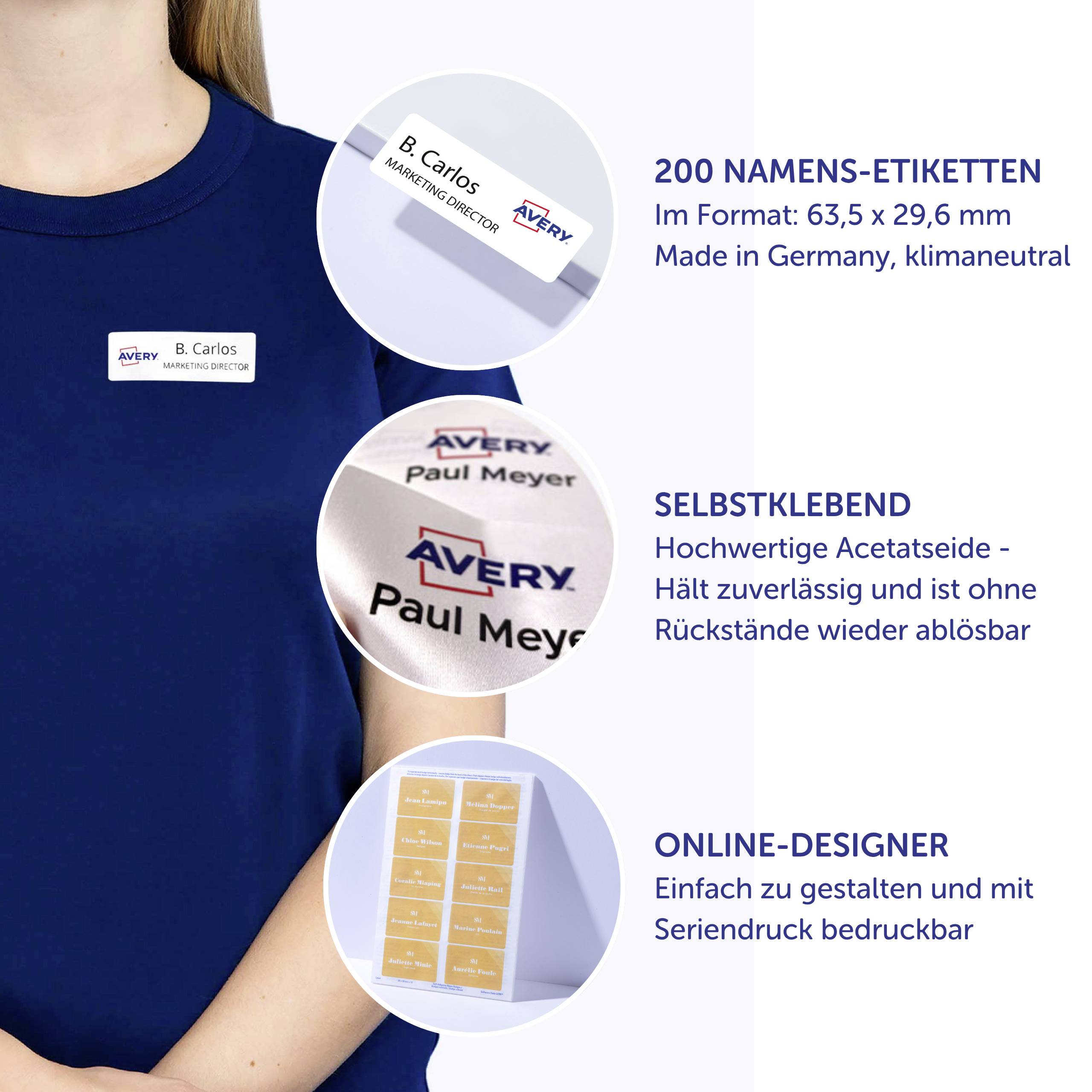 Ein Computerbildschirm zeigt eine Webseite 'Avery Design & Print' mit der Option 'Ihr Design'. Unten steht 'Gratis Online-Vorlagen'.
