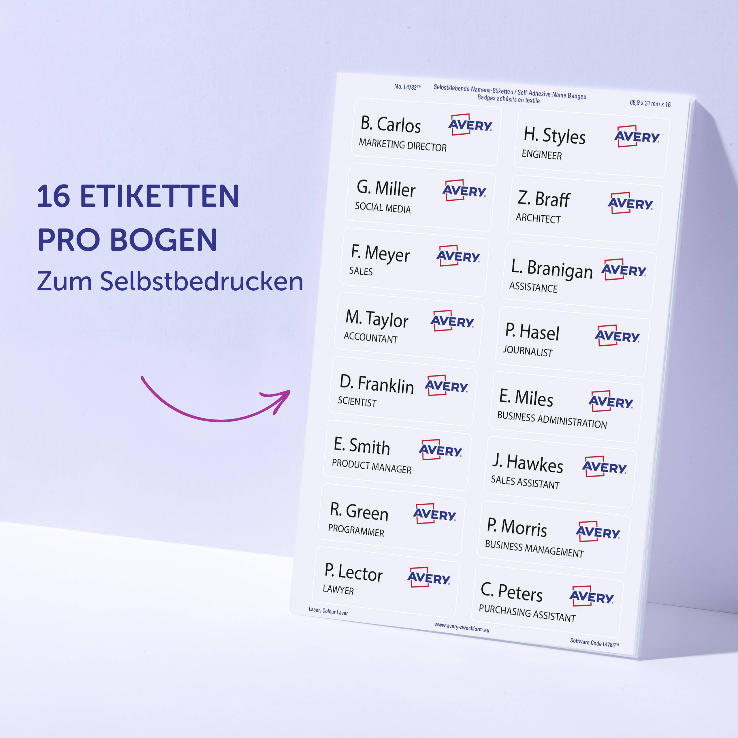 Avery-Zweckform L4783-20 Namens-Etiketten 88.9 x 31mm Acetatseide Weiß 320 St. Wiederablösbar Laserdrucker, Farblaserdrucker
