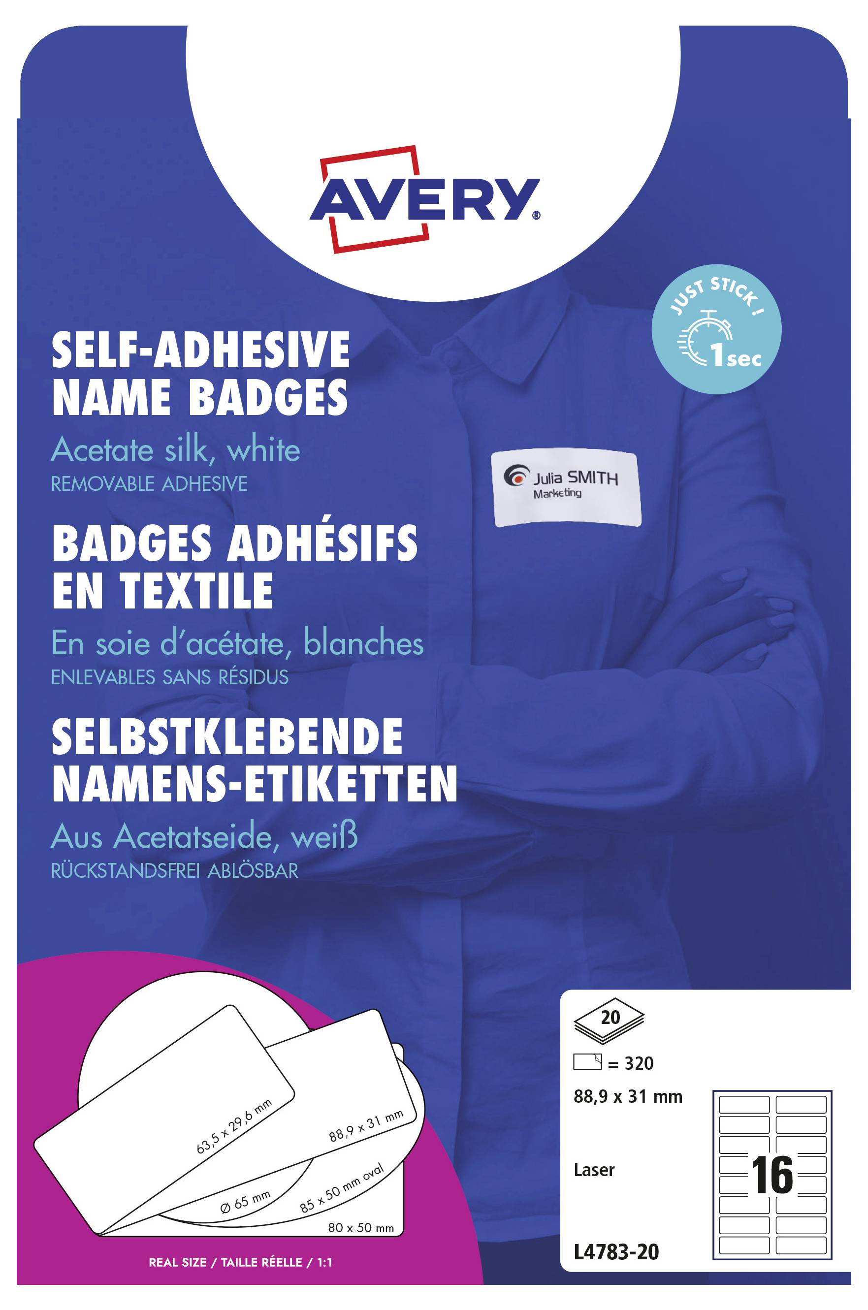 'Selbstklebende Namensetiketten' von Avery, 20 Stück pro Blatt, weißes Acetatgewebe, ablösbar, geeignet für Laser, enthalten 16 Etiketten.