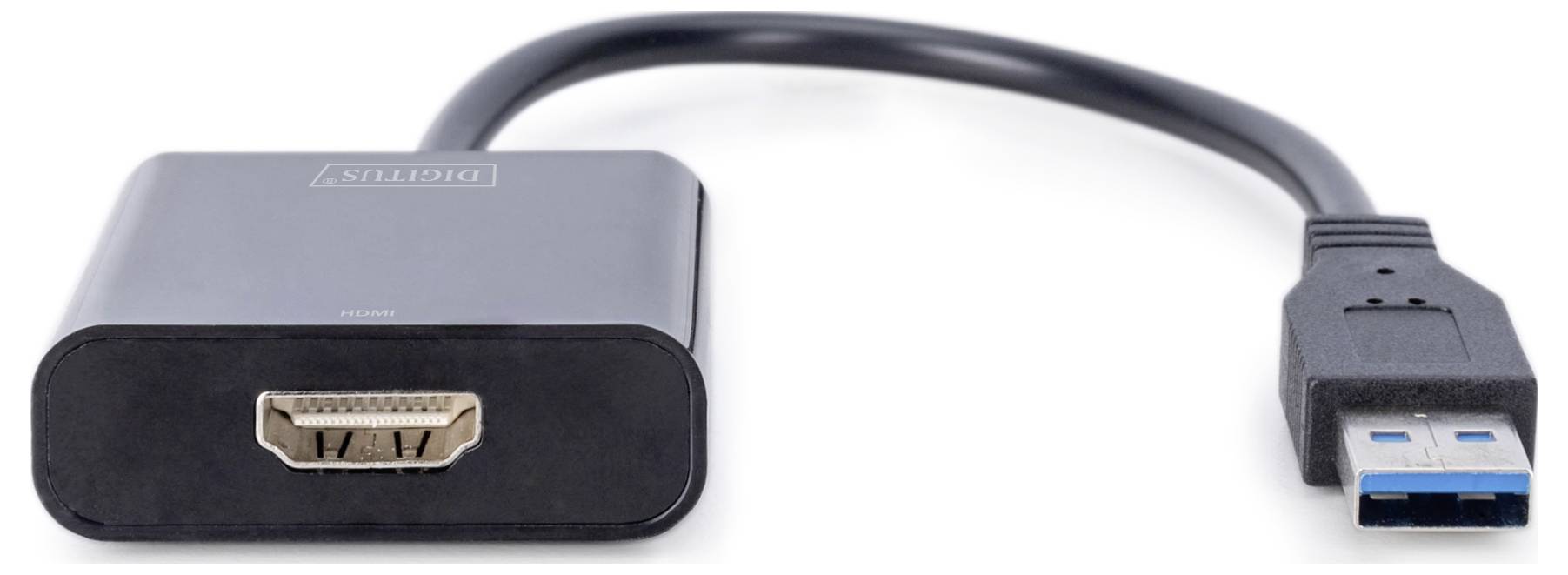 Ein USB-3.0-zu-HDMI-Adapter mit schwarzem Kabel und schwarzen Gehäusen an beiden Enden.