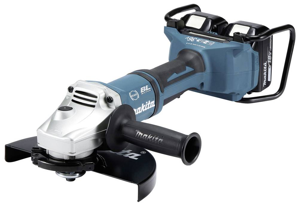 Akkubetriebene Winkelschleifer mit markanter blauer Farbe und ergonomischem Griff. Zwei Akkus oben, Markenname auf dem Gehäuse.