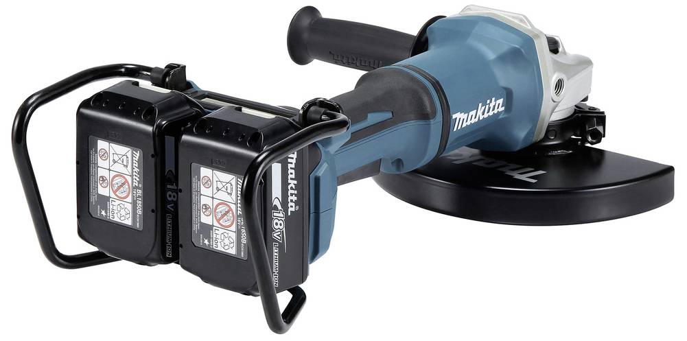 Akkubetriebener Winkelschleifer mit zwei Akkus und Schutzabdeckung.