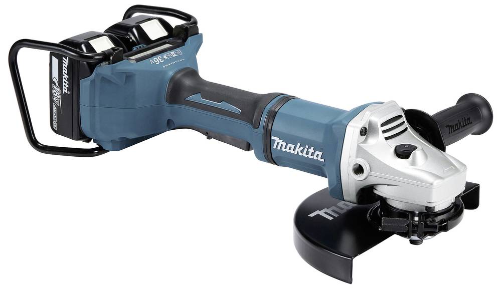 Ein kabelloser Winkelschleifer in Blau mit zwei Akkus, Markenname sichtbar auf dem Griff, für Metall- und Steinbearbeitung geeignet.