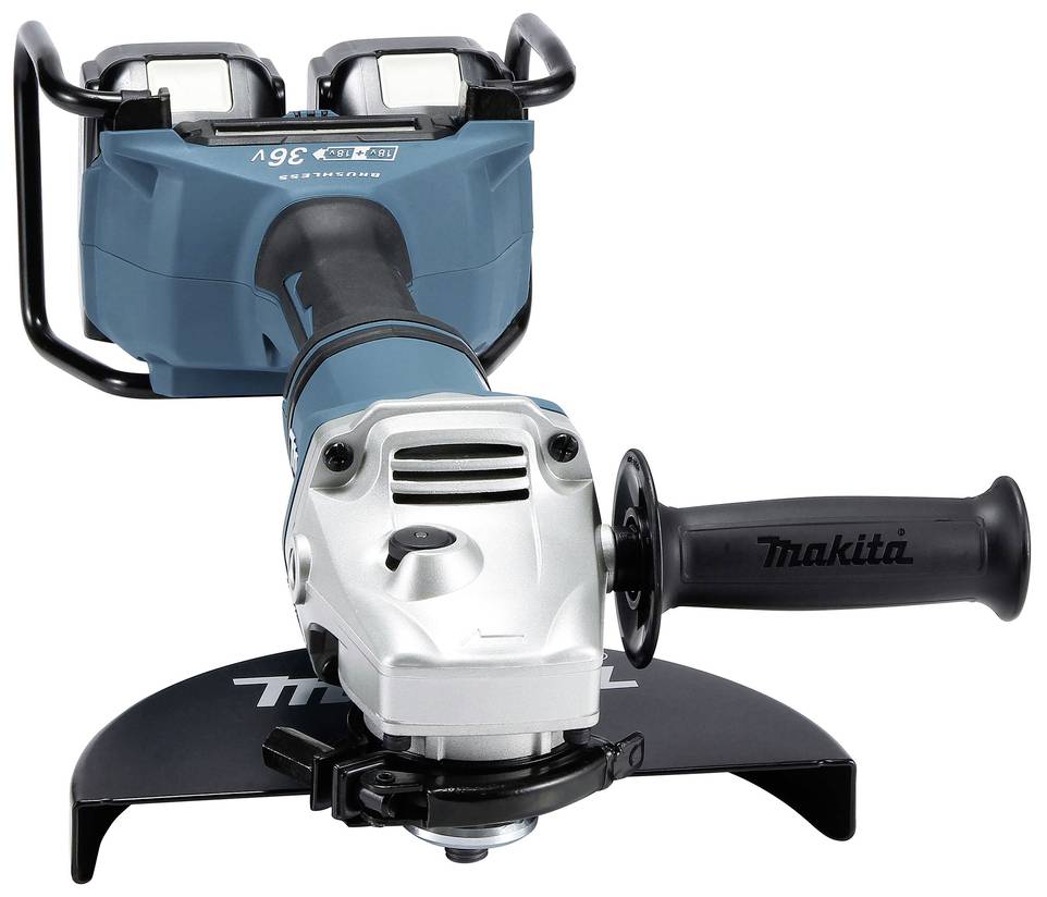 Ein elektrischer Winkelschleifer mit blauem Gehäuse und schwarzem Griff.