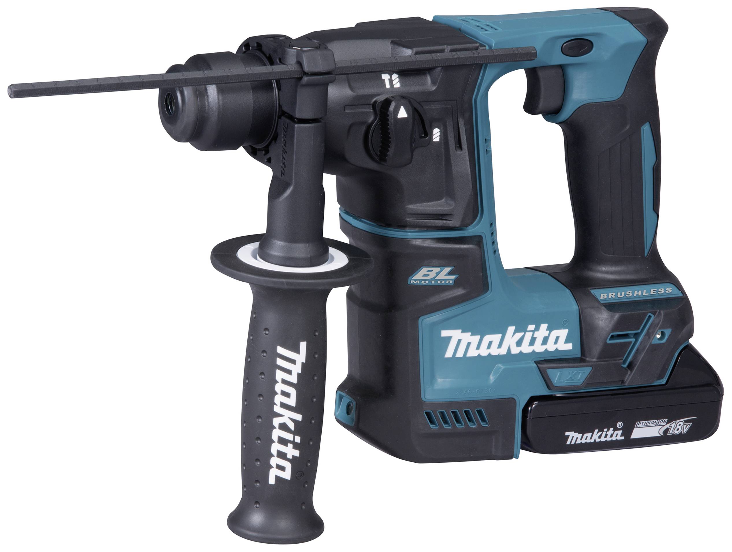 Akku-Bohrhammer in Blau und Schwarz, kabellos mit ergonomischem Griff und zusätzlichem Handgriff für präzises Bohren. Markenname sichtbar.