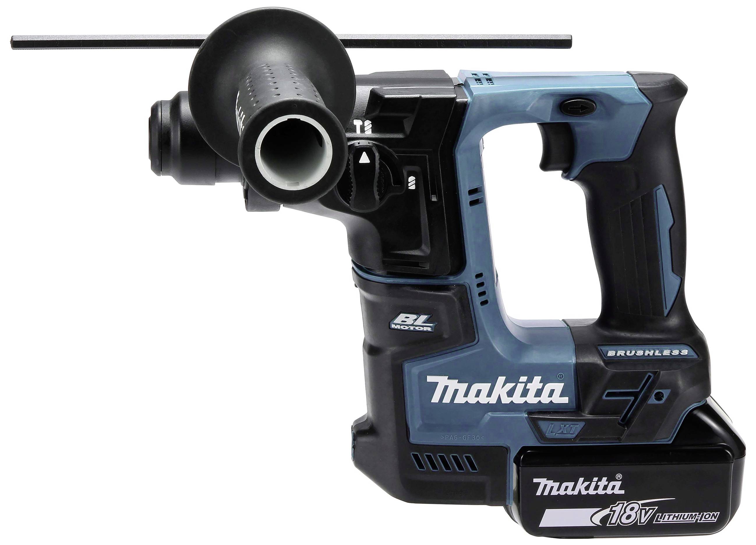 Akkubohrhammer mit seitlichem Griff, schwarz-blau, Marke Makita, Modell 18V LXT Lithium-Ionen, zum Bohren und Hämmern geeignet.