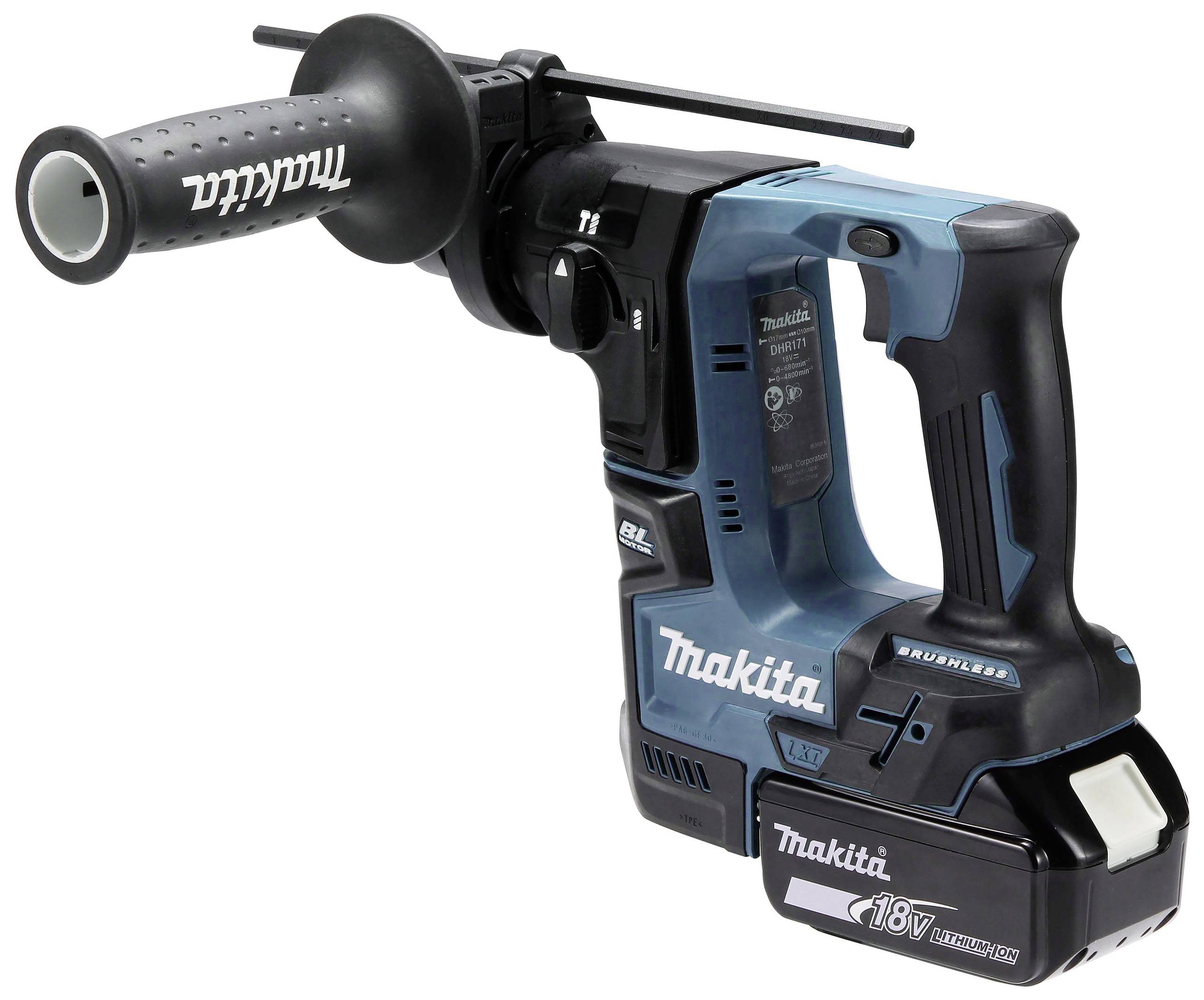 Akku-Bohrhammer von Makita in blau-schwarzem Design mit Zusatzgriff und 18V Batterie, geeignet für Bau- oder Renovierungsarbeiten.