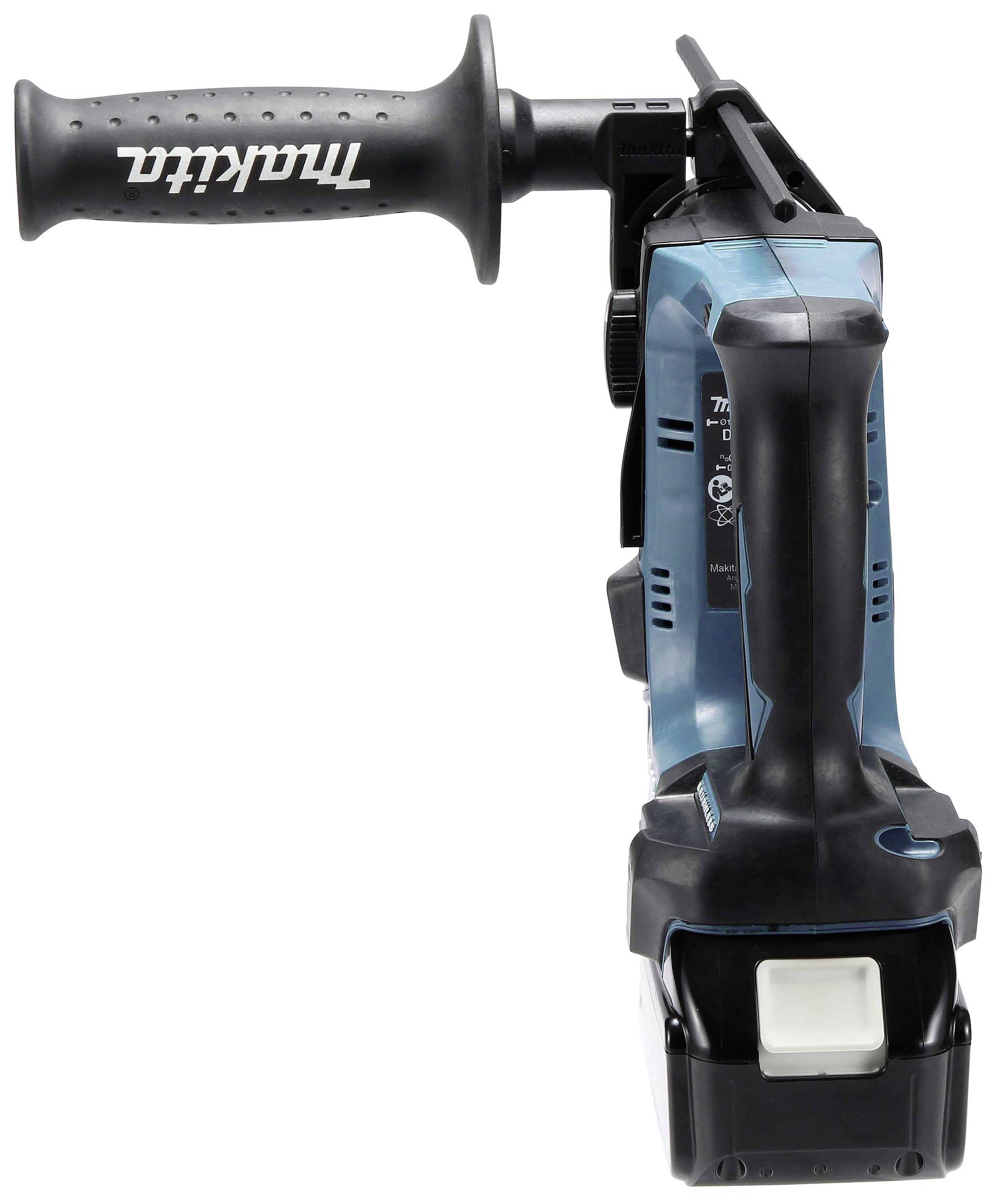 Ein Akku-Bohrhammer mit seitlichem Griff und 'Makita'-Logo, Vorderansicht. Geeignet für Heimwerker- und Bauarbeiten.