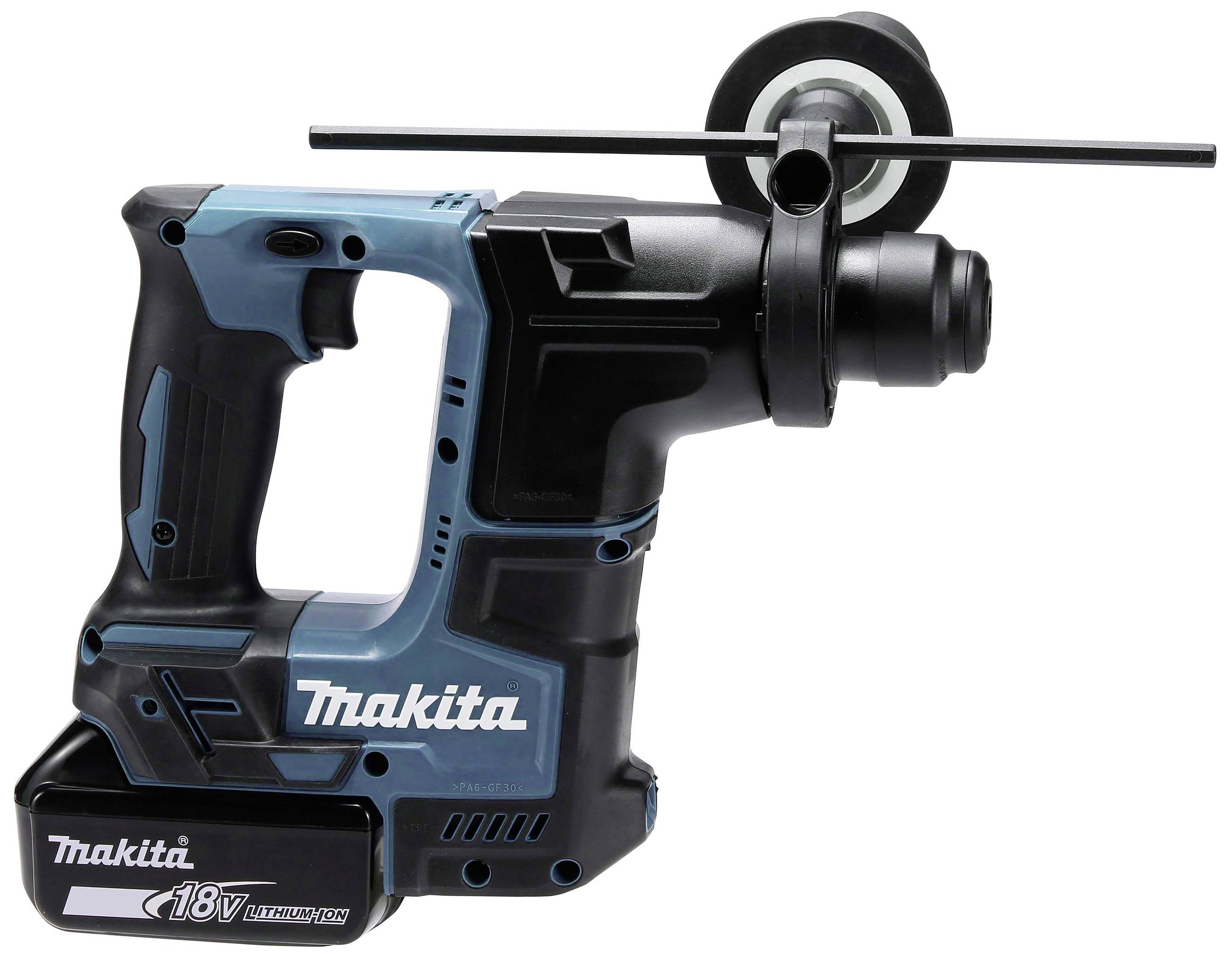 Kabelloser Makita-Bohrhammer mit 18V Li-Ion Akku, blau-schwarz, seitlicher Handgriff und Tiefenanschlag montiert.